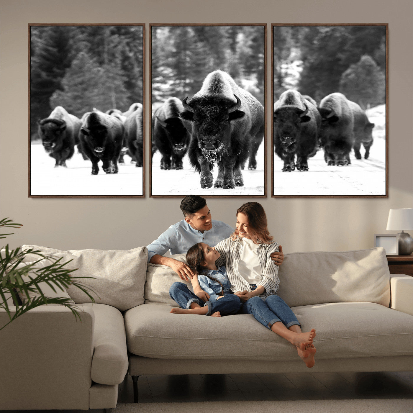 62434-MGV-FC-60X30-3P_Walnut-Bison Herd Wall Art – Majestic Black and White Buffalo Canvas Print, Wildlife Nature Photography Decor for Living Room, Office or