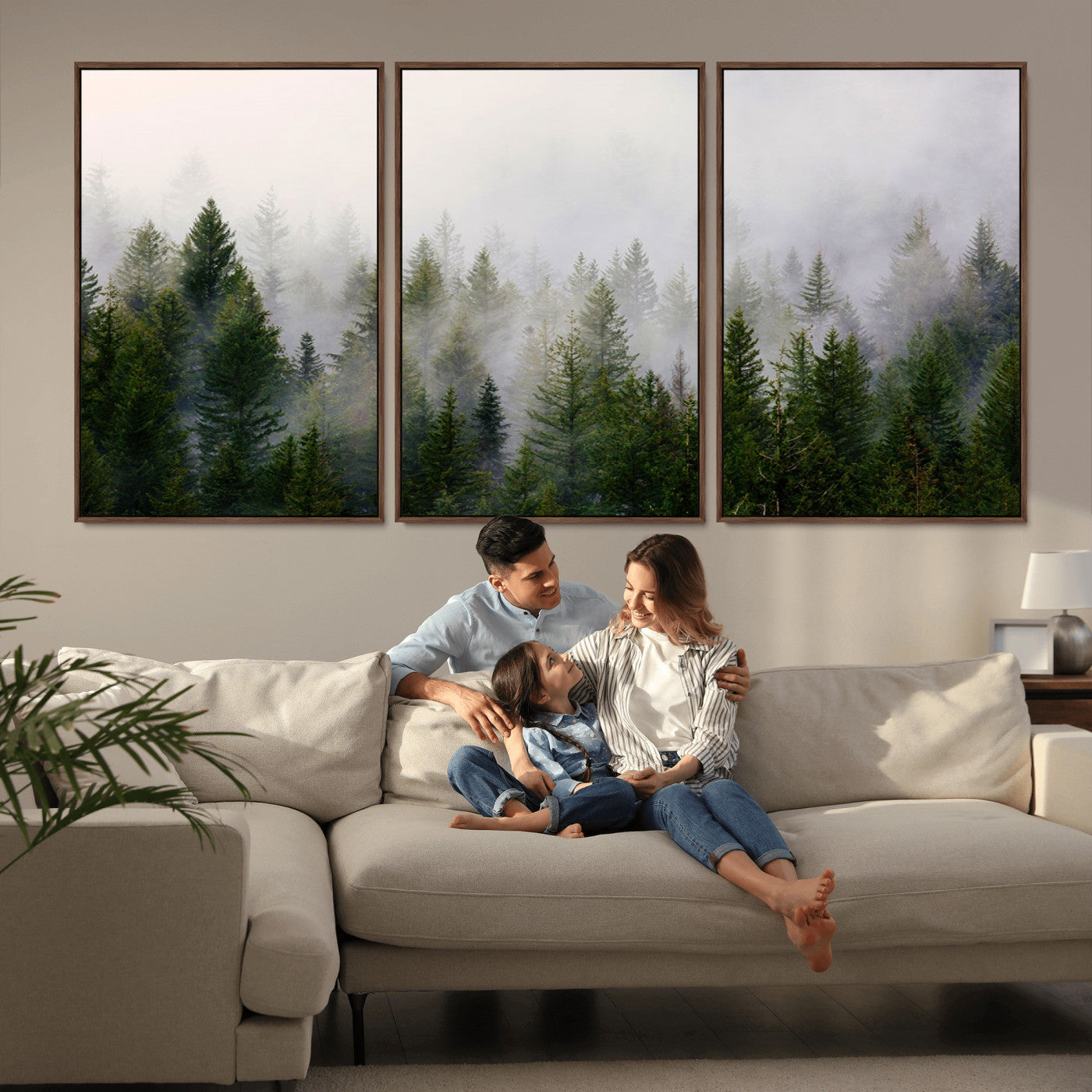 11436-MGV-FC-60X30-3P_Walnut-Misty Forest Wall Art – Tranquil Evergreen Tree Canvas Print with Foggy Landscape, Nature Inspired Artwork for Bedroom, Living