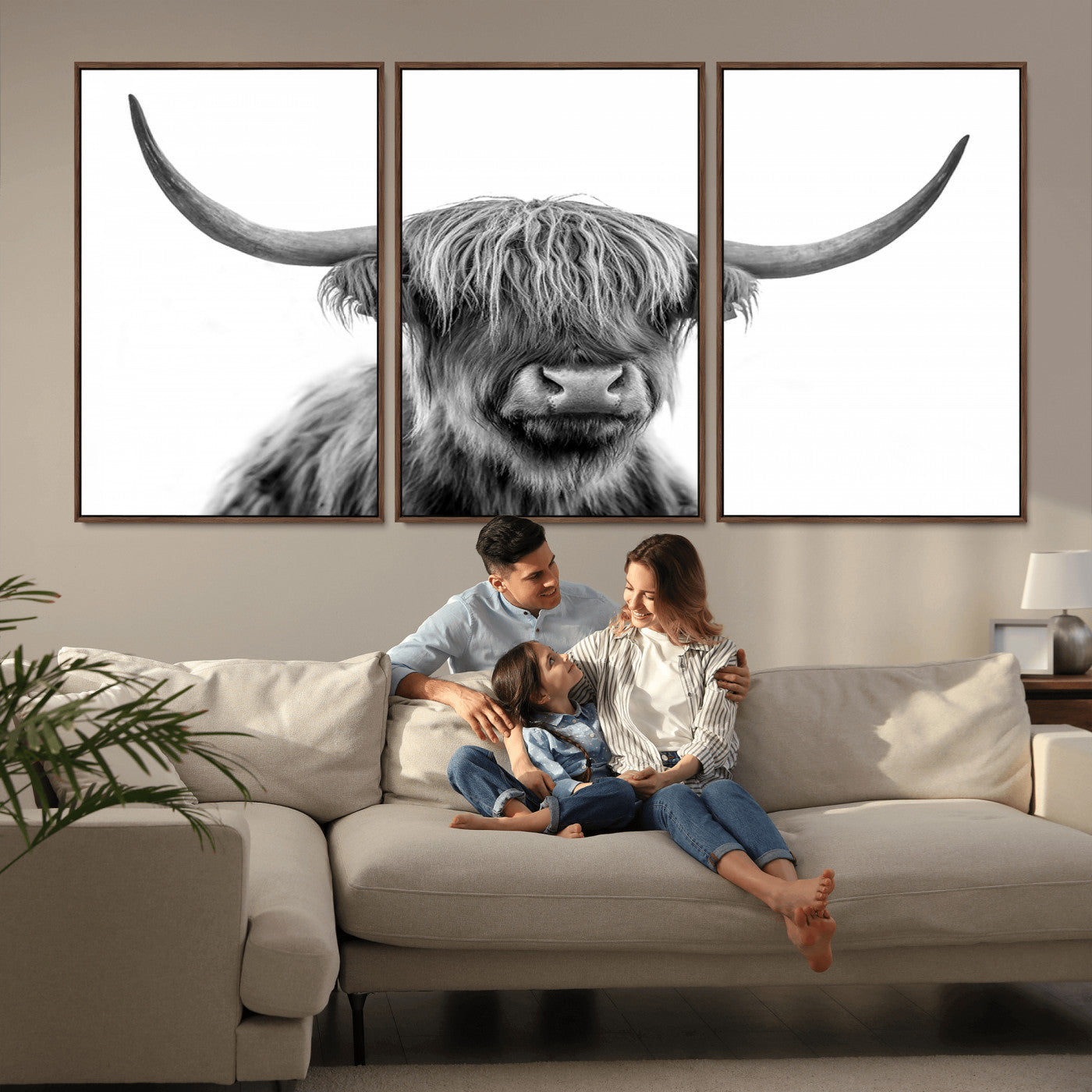 10123-MGV-FC-60X30-3P_Walnut-Black and White Highland Cow Wall Art – Modern Farmhouse Animal Print, Rustic Scottish Bull Canvas Decor for Living Room, Bedroom,
