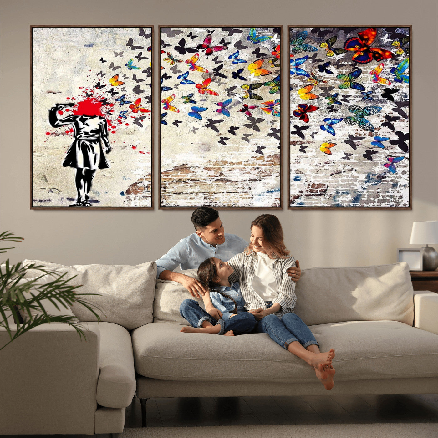 88654-MGV-FC-60X30-3P_Walnut-Butterfly Explosion Graffiti Wall Art – Street Art Canvas Print, Colorful Butterfly Spray Mural, Modern Abstract Urban Wall Decor