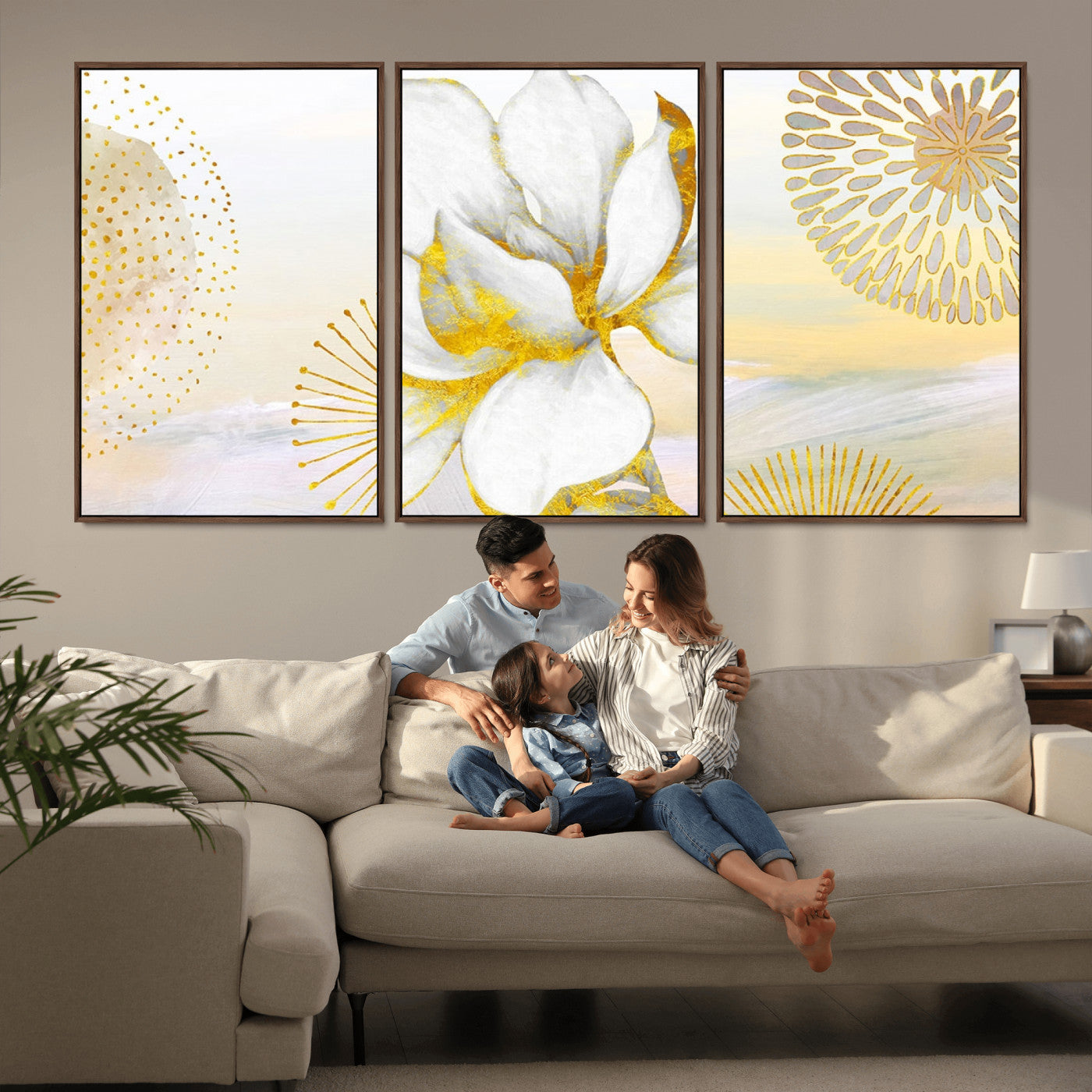 82301-MGV-FC-60X30-3P_Walnut-Modern Floral Wall Art – White Flower with Gold Detailing Canvas Print, Elegant Abstract Artwork for Living Room, Bedroom, or
