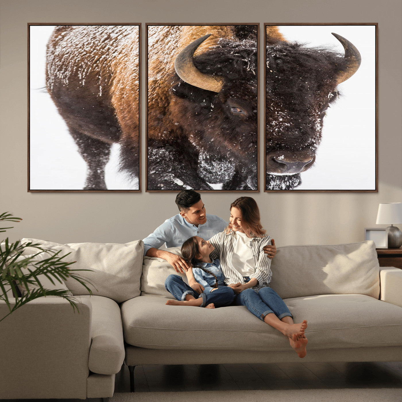 65605-MGV-FC-60X30-3P_Walnut-Snow Bison Wall Art – Close Up Buffalo Canvas Print, Rustic Western Wildlife Photography, Farmhouse Cabin Lodge Decor for Living
