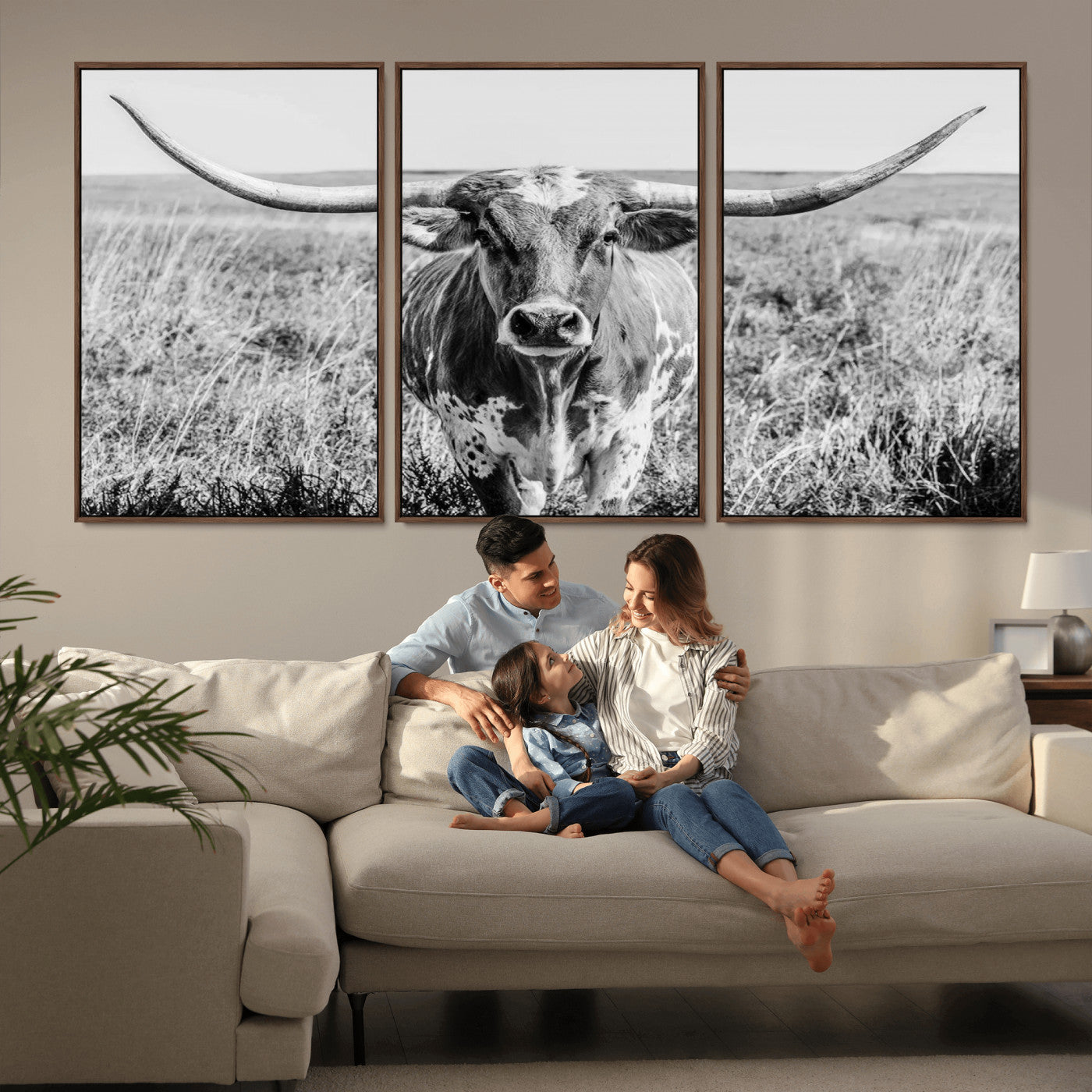 77320-MGV-FC-60X30-3P_Walnut-Texas Longhorn Wall Art – Black and White Western Cattle Canvas Print, Rustic Farmhouse Animal Photography Decor for Living Room,