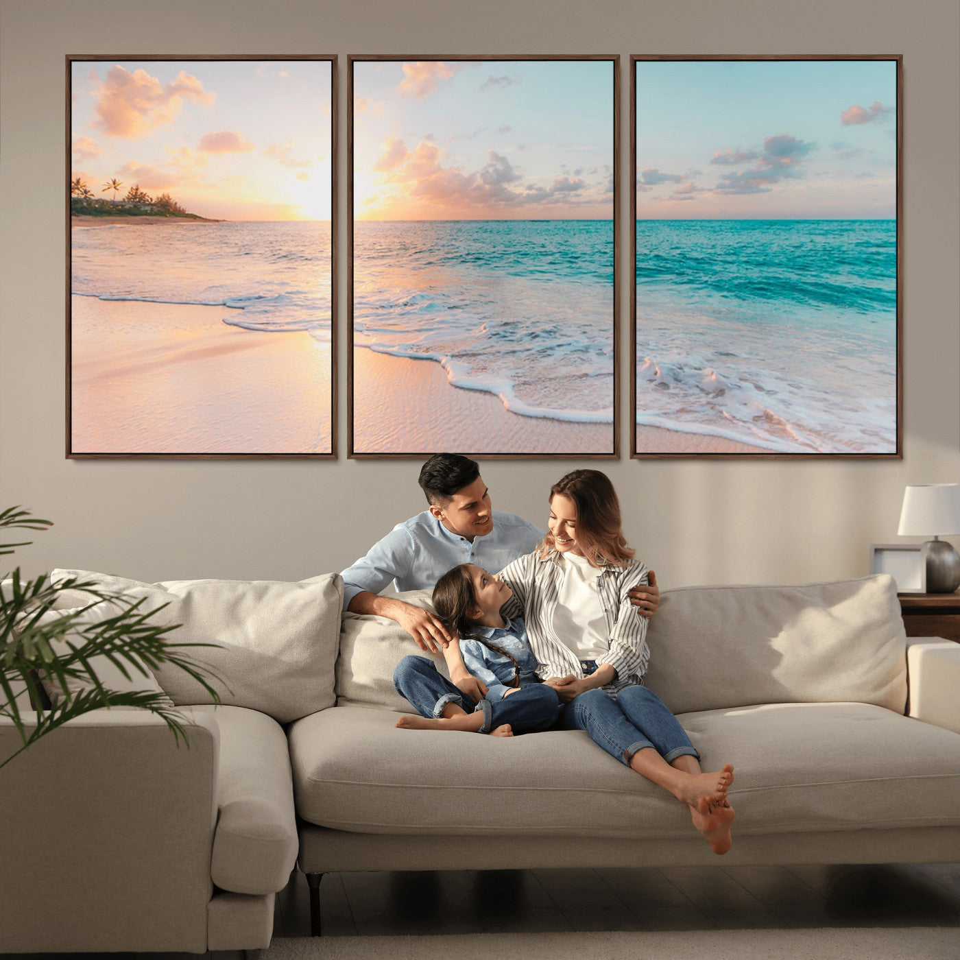 36554-MGV-FC-60X30-3P_Walnut-Tropical Beach Sunset Wall Art – Ocean Waves and Palm Canvas Print, Coastal Seascape Photography Decor for Living Room, Bedroom,