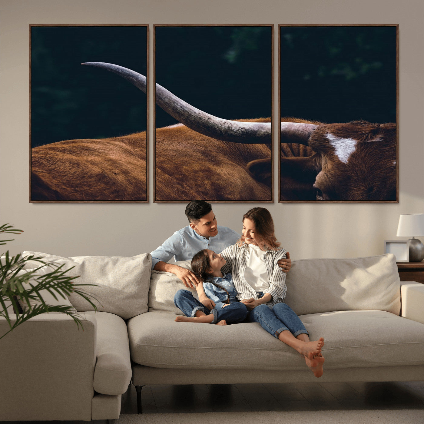 55197-MGV-FC-60X30-3P_Walnut-Texas Longhorn Wall Art – Rustic Western Bull Horn Canvas Print and Farmhouse Country Animal Decor for Living Room, Office or