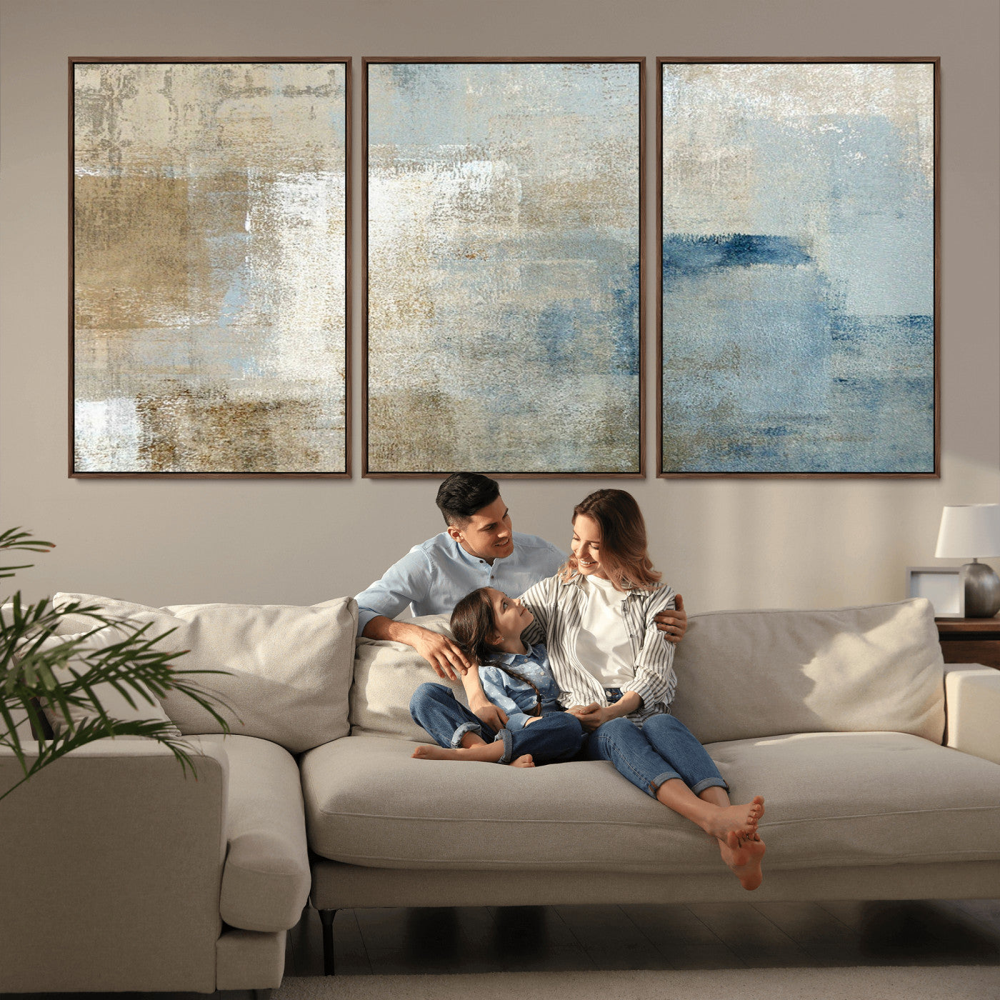 38126-MGV-FC-60X30-3P_Walnut-Neutral Abstract Wall Art – Modern Beige and Blue Canvas Print and Minimalist Textured Painting for Living Room, Bedroom or Office