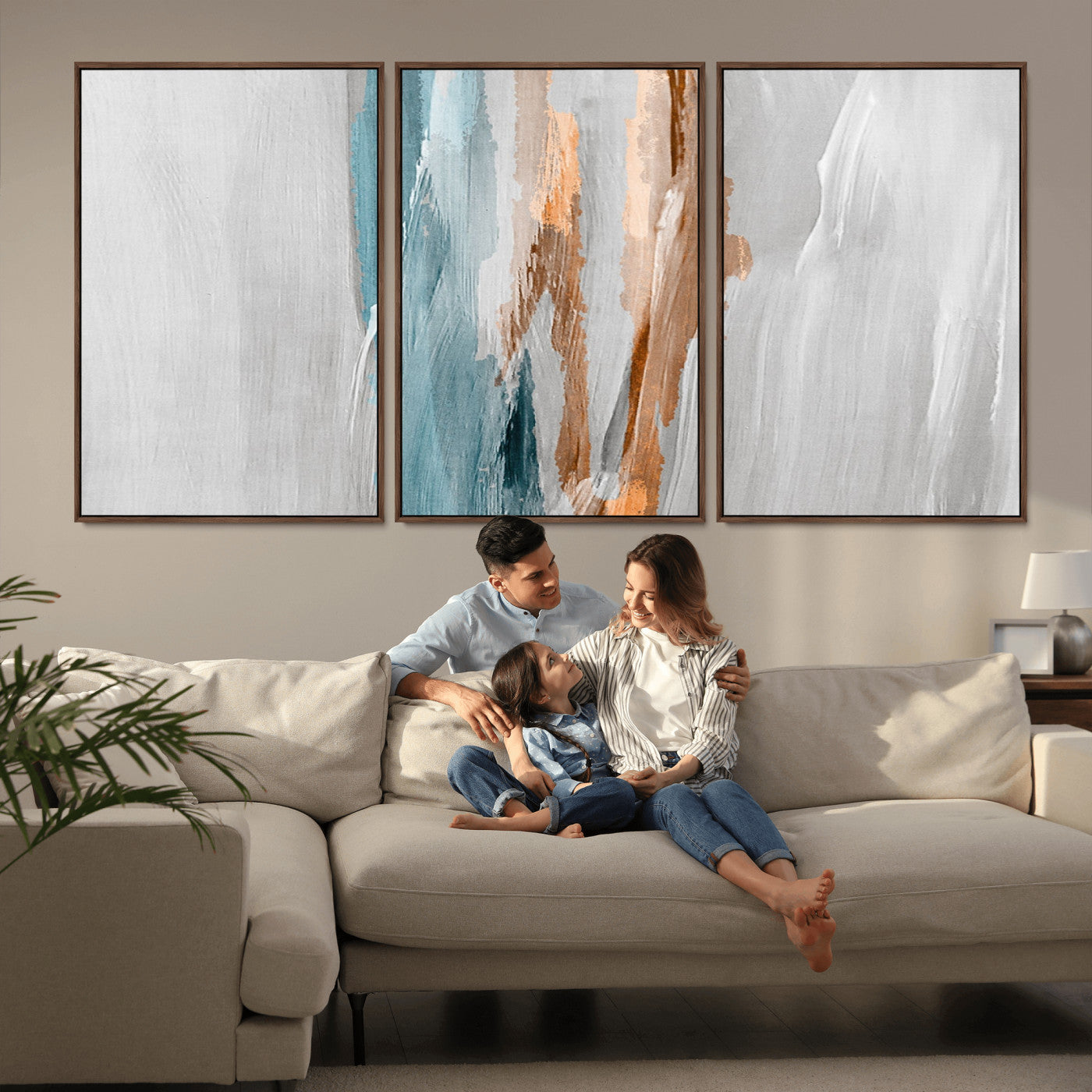 66154-MGV-FC-60X30-3P_Walnut-Abstract Brushstroke Wall Art – Modern Teal and Gold Canvas Print, Minimalist Contemporary Painting for Living Room, Bedroom, or