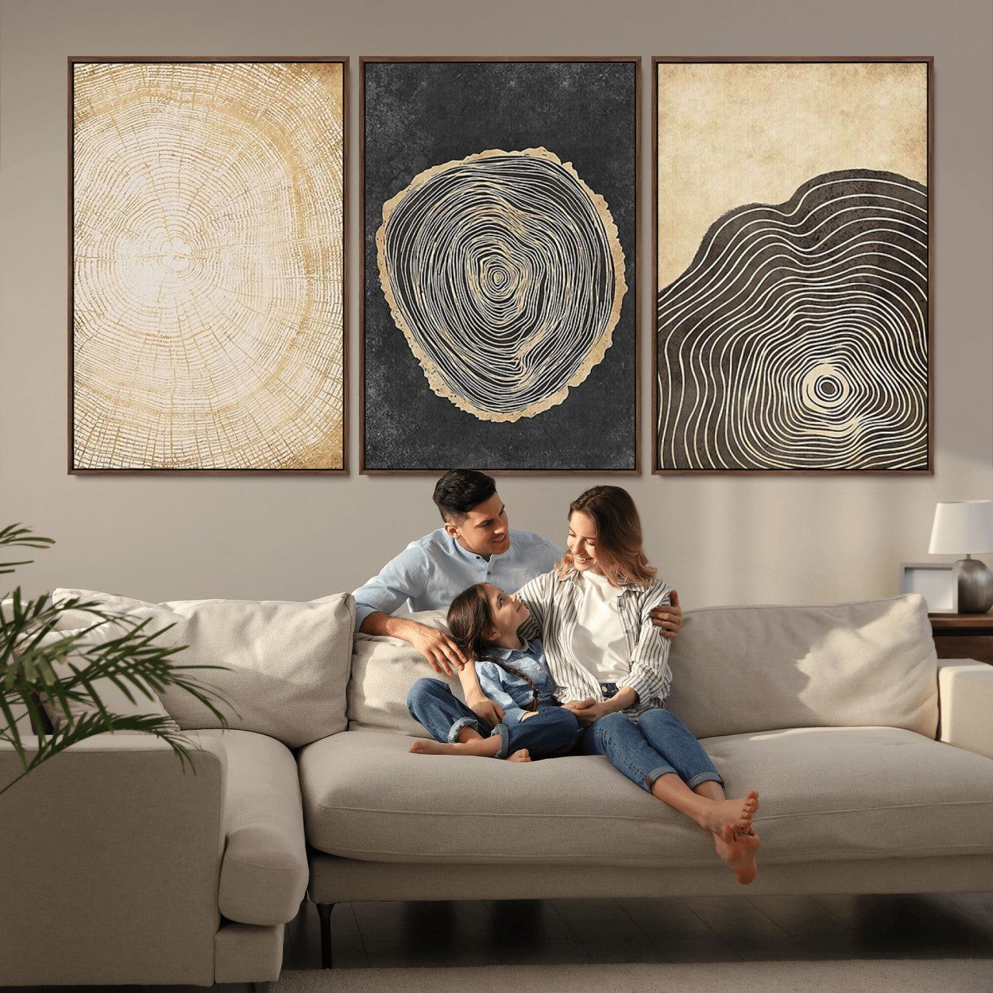 77785-MGV-FC-60X30-3P_Walnut-Tree Ring Abstract Wall Art – Rustic Wood Growth Pattern Canvas Prints, Modern Nature-Inspired Decor for Living Room or Office