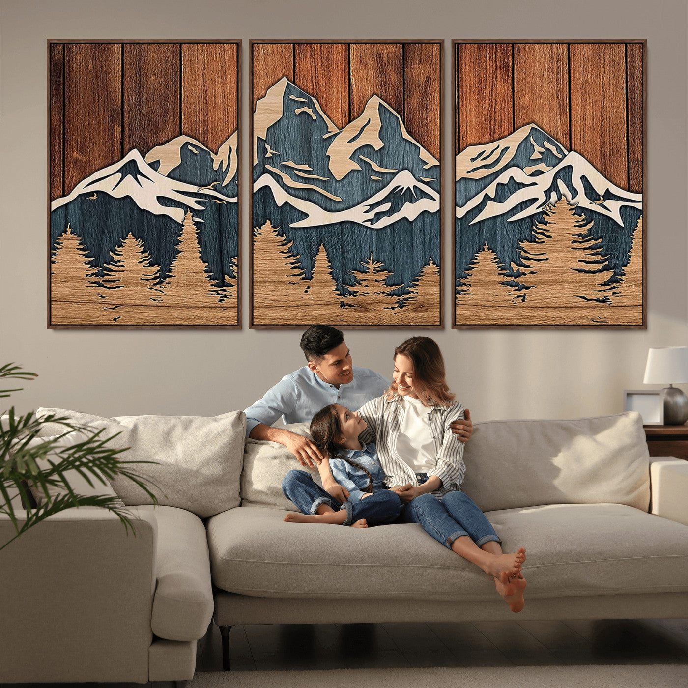 41330-MGV-FC-60X30-3P_Walnut-Rustic Mountain Wall Art – Wooden Nature Scene with Trees and Peaks, Handmade 3D Layered Decor for Living Room, Cabin or Office