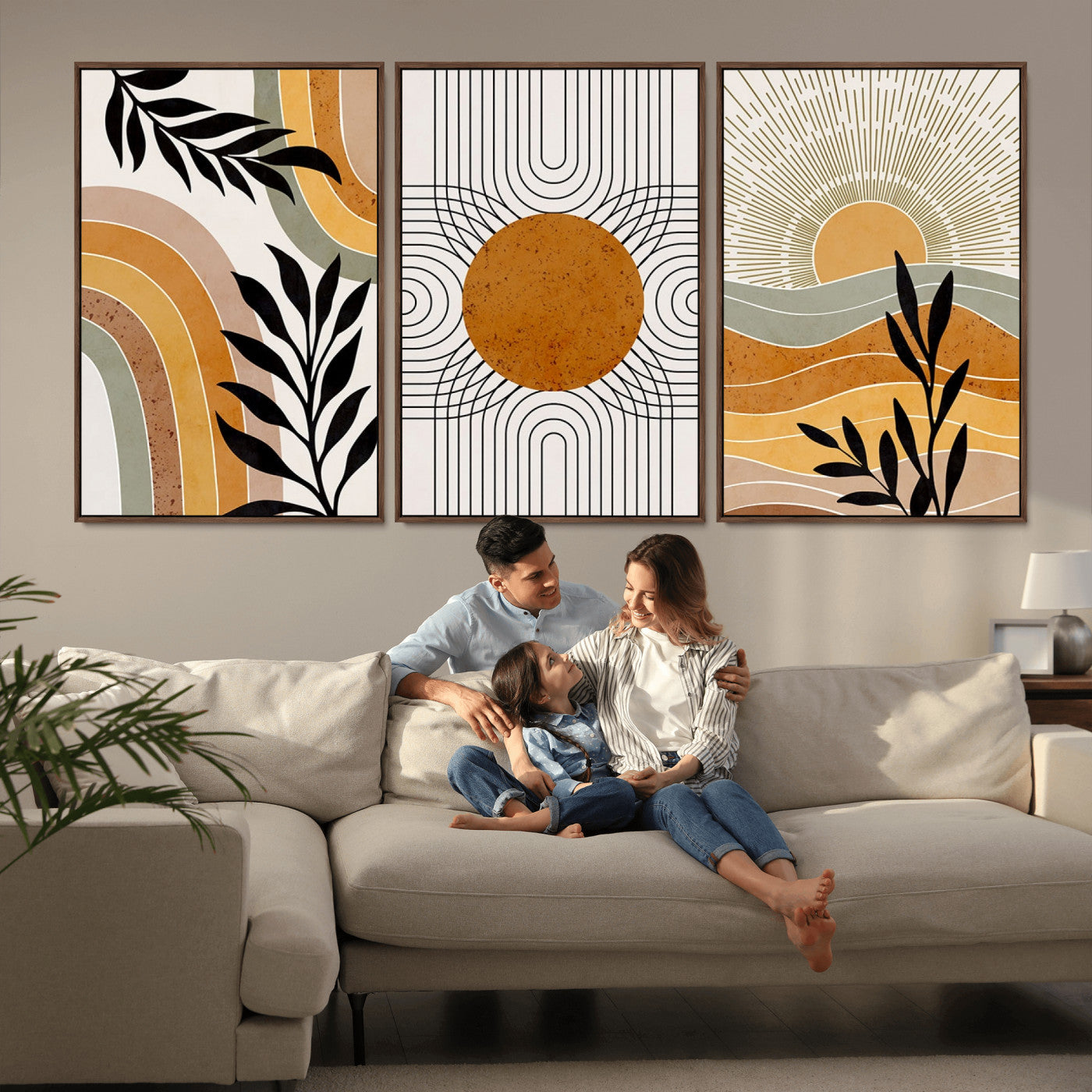 44668-MGV-CV-60X30-3P-Mid Century Modern Wall Art – Abstract Sun and Rainbow Canvas Print, Minimalist Geometric Boho Decor for Living Room, Bedroom or