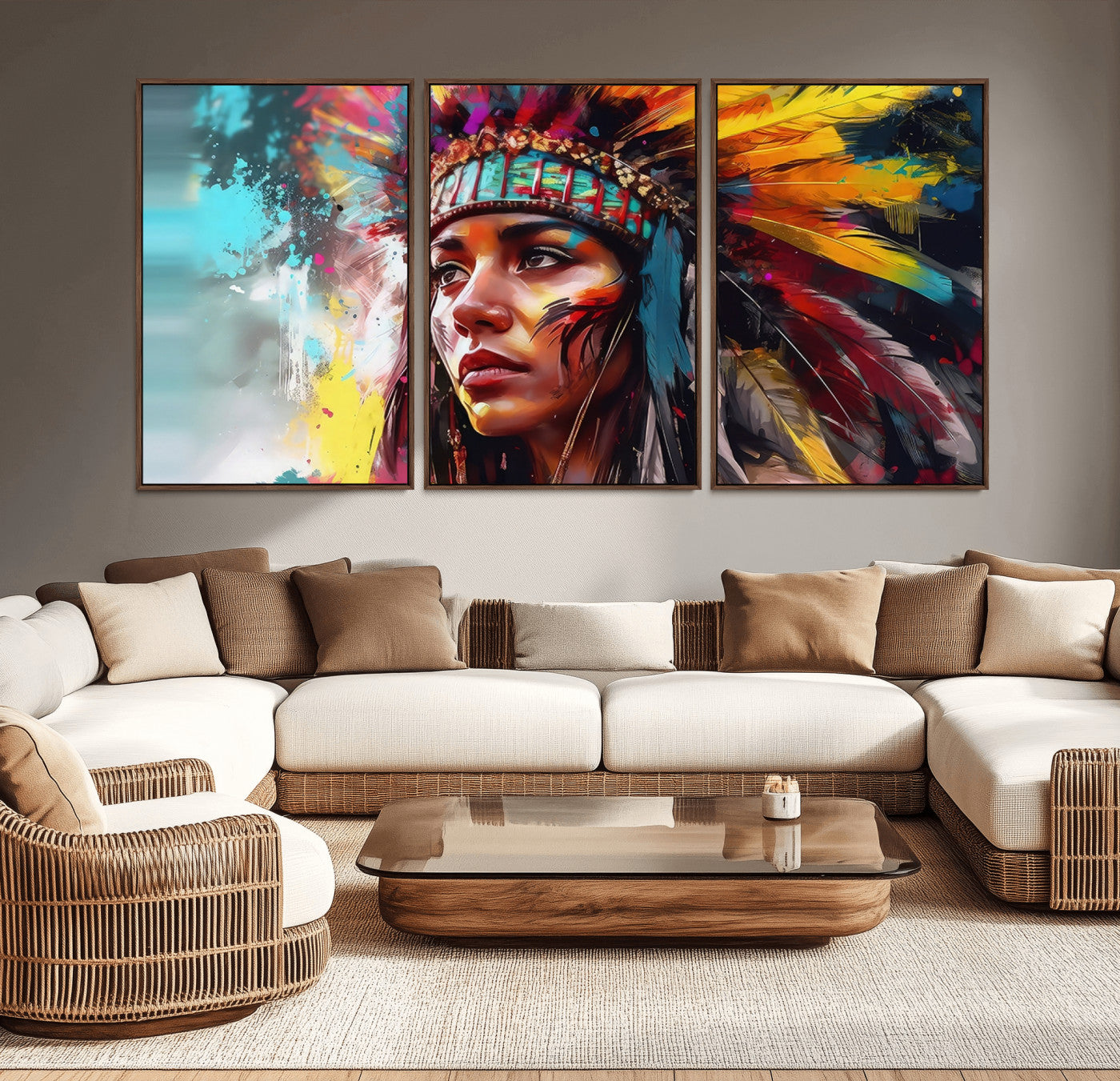 70785-MGV-CV-36X24-Tribal Woman Wall Art – Colorful Abstract Portrait Canvas with Feather Headdress, Bold Ethnic Inspired Decor for Living Room,