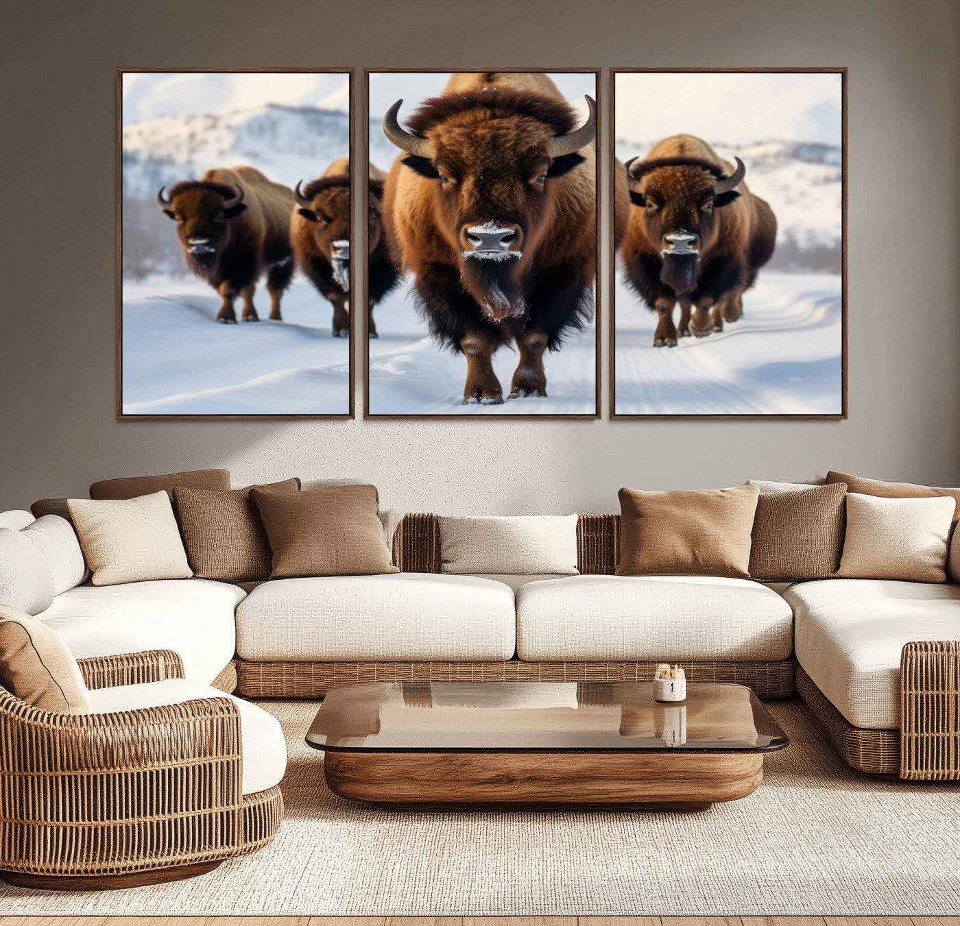 56701-MGV-CV-36X24-Bison Herd Wall Art – Buffalo Walking in Snowy Mountains Canvas Print, Rustic Wildlife Decor for Cabin, Lodge, or Living Room