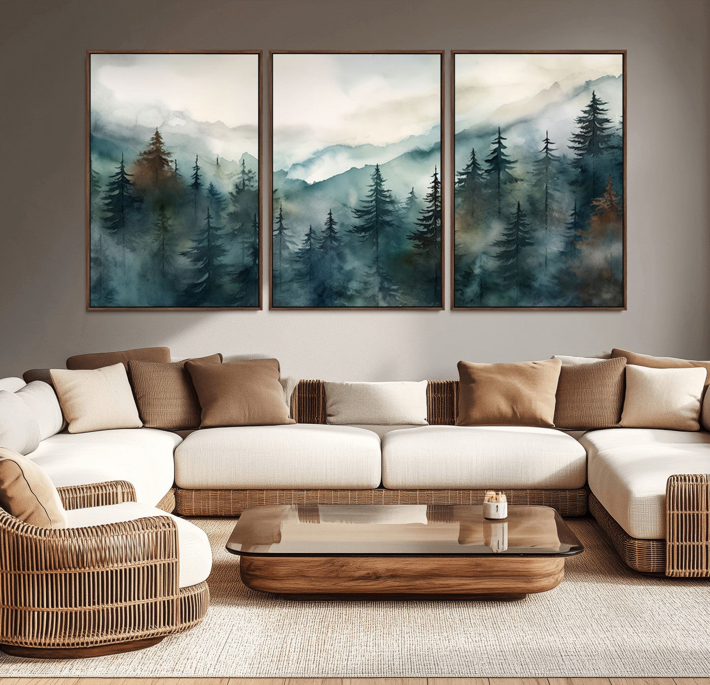 48468-MGV-CV-36X24-Foggy Forest Wall Art – Watercolor Mountain Pine Landscape Canvas Print, Nature Woodland Painting for Living Room, Bedroom or