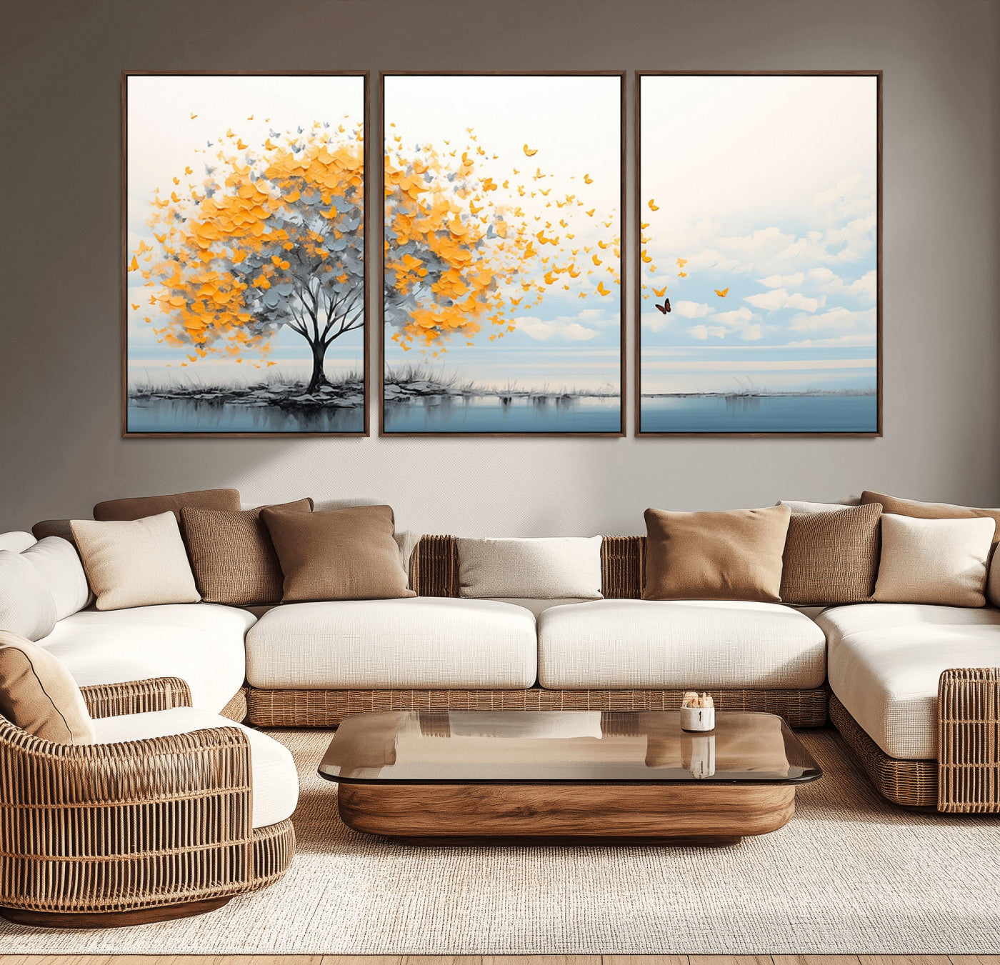 23385-MGV-CV-36X24-Golden Butterfly Tree Wall Art – Abstract Yellow and Gray Canvas Print, Modern Nature Artwork for Living Room, Bedroom or Office