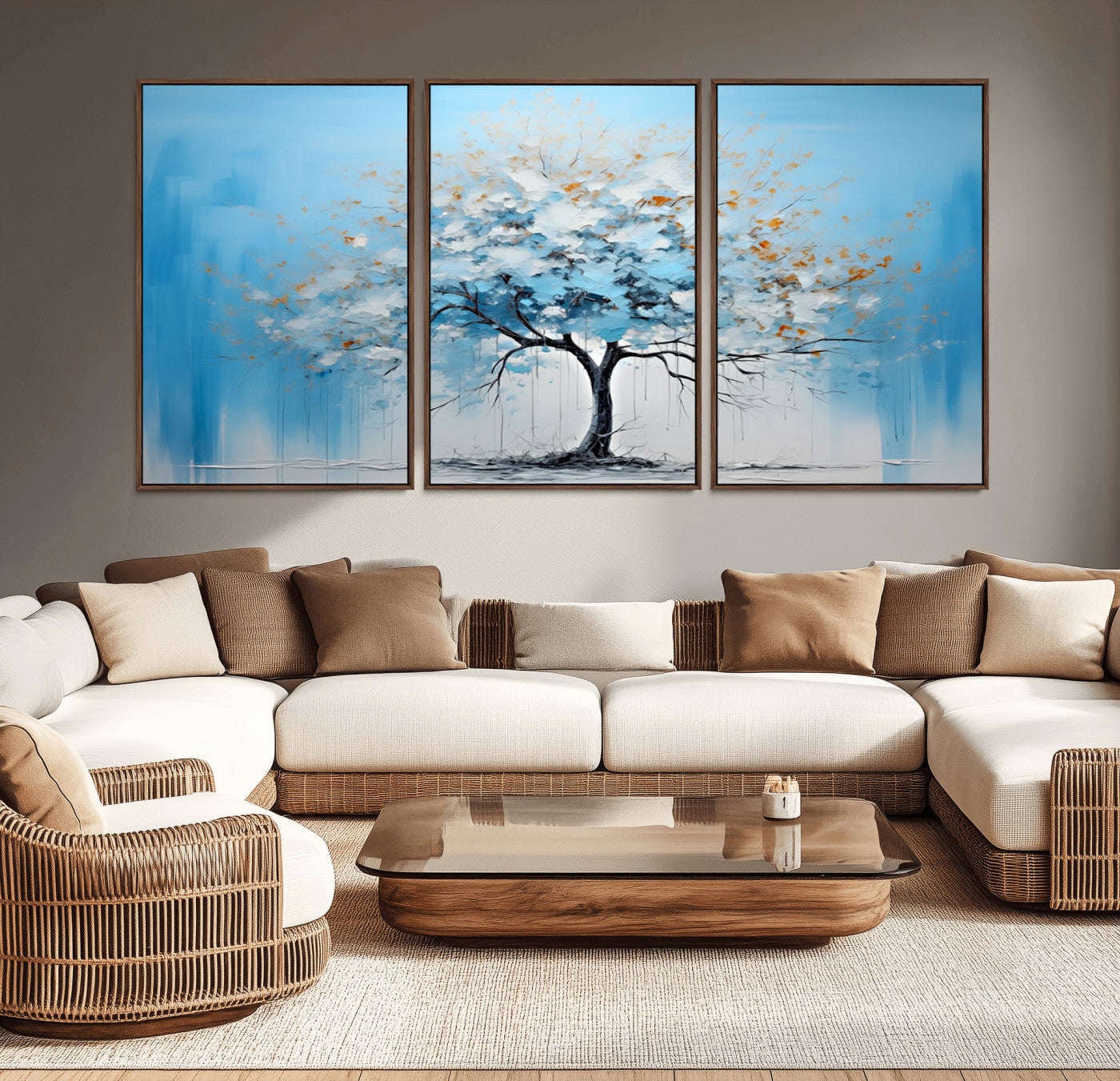 25021-MGV-CV-36X24-Abstract Tree Wall Art – Blue and White Canvas Painting with Gold Accents, Modern Nature-Inspired Artwork for Living Room, Bedroom
