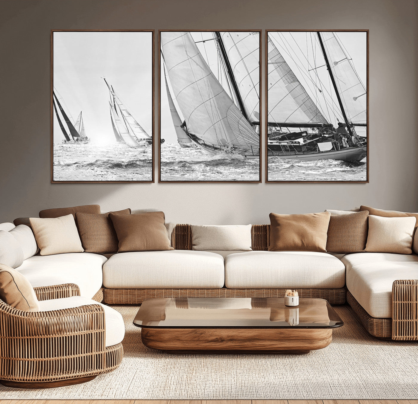 Boat-1-MGV-CV-36X24-Sailboat Racing Wall Art – Nautical Black and White Canvas Print, Ocean Adventure Decor for Office, Living Room or Bedroom