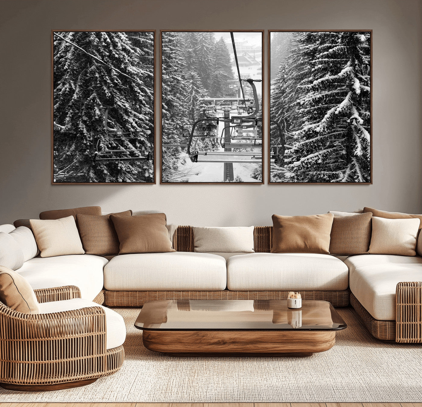 19240-MGV-CV-36X24-Ski Lift Wall Art – Black and White Winter Mountain Canvas Print, Snowy Forest Ski Resort Photography for Cabin, Lodge, Office or