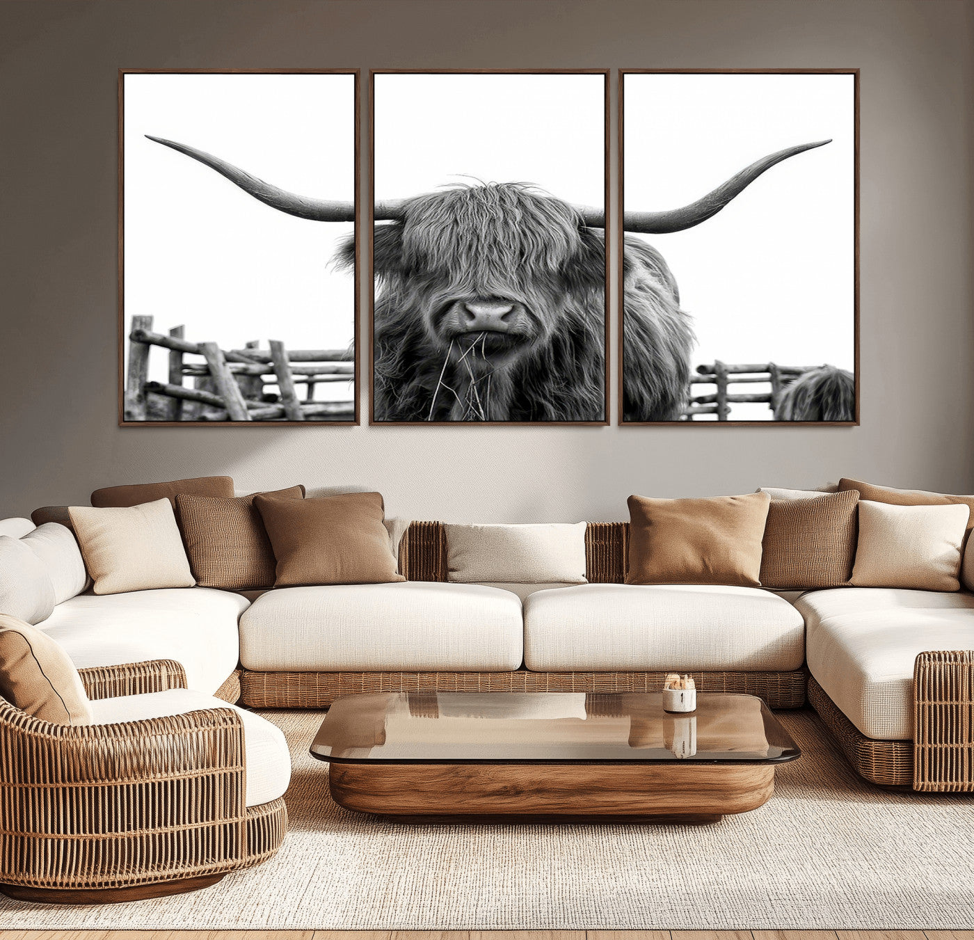 58188-MGV-CV-36X24-Highland Cow Wall Art – Black and White Rustic Farmhouse Canvas Print, Longhorn Cattle Photography Decor for Living Room or