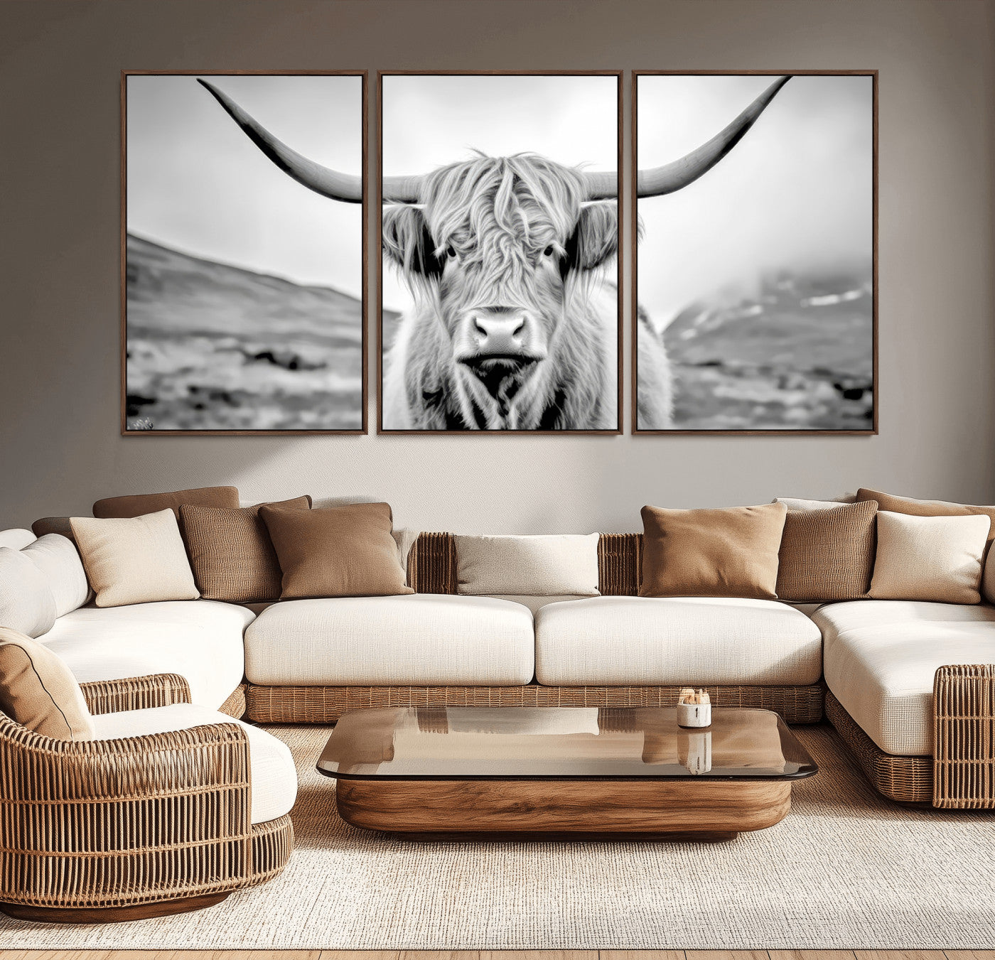 80564-MGV-CV-36X24-Highland Cow Wall Art – Black and White Scottish Highland Canvas Print, Rustic Farmhouse Decor for Living Room, Bedroom or Office
