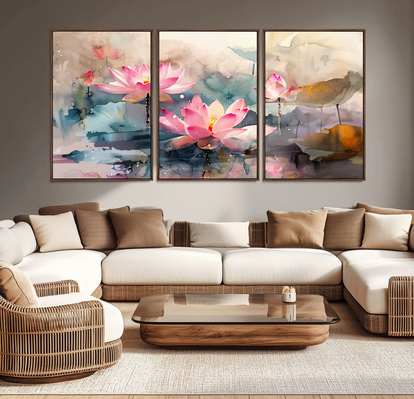 27936-MGV-CV-36X24-Lotus Pond Wall Art – Watercolor Pink Lotus Flowers Canvas Print, Tranquil Botanical Artwork for Bedroom, Living Room or