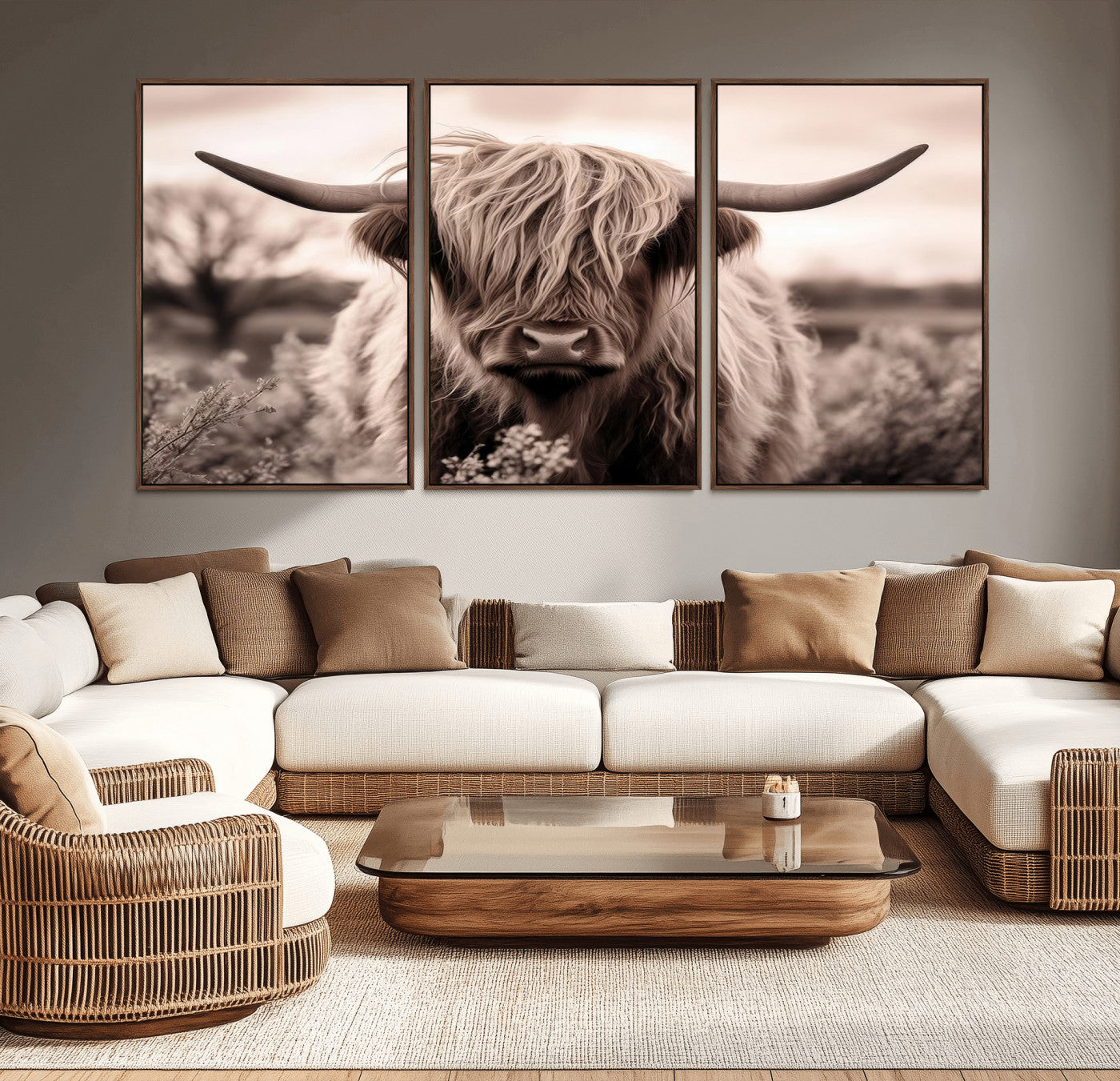 55903-MGV-CV-36X24-Highland Cow Wall Art – Rustic Sepia Scottish Highland Bull Canvas Print, Farmhouse Country Animal Decor for Living Room, Bedroom