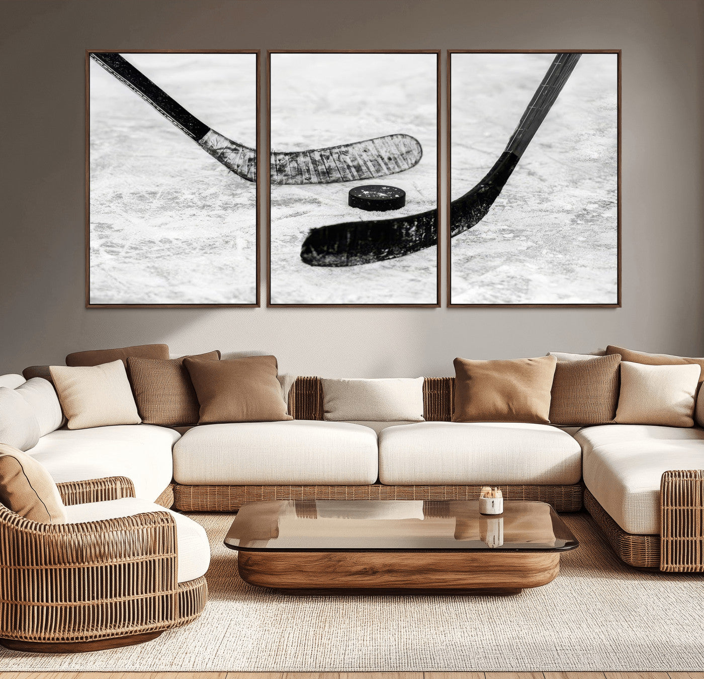 82900-MGV-CV-36X24-Hockey Wall Art – Black and White Canvas Print Ice Rink Sticks Puck Sports Photography, Modern Decor for Game Room, Man Cave,