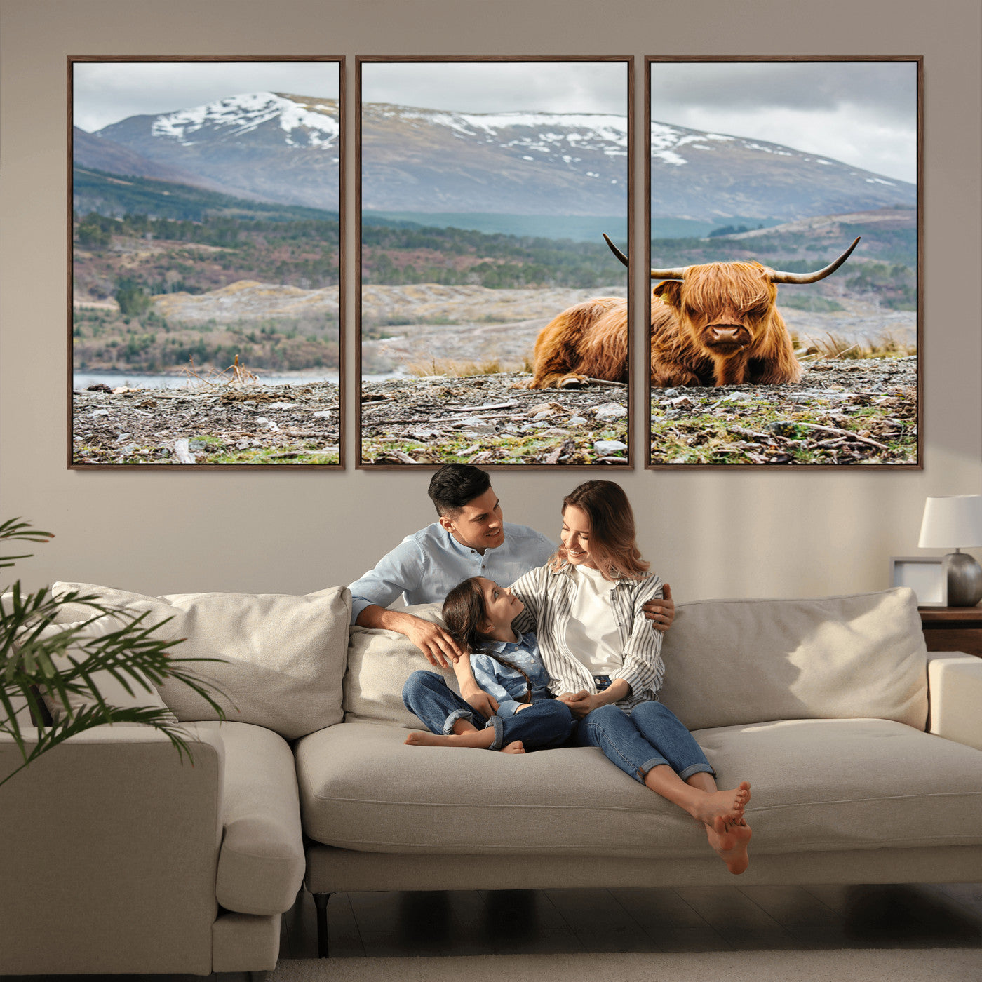 80252-MGV-FC-60X30-3P_Walnut-Scottish Cow Wall Art Canvas Print, Framed Highland Cow Art Picture Print, Highland Cattle Perfect Rustic Farmhouse Decor Artwork