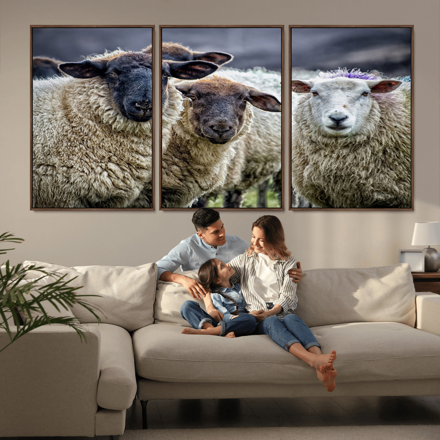 18418-MGV-FC-60X30-3P_Walnut-Sheep Wall Art Canvas Print, Framed Farmhouse Sheep Art Picture Print, Sheep Herd Perfect Rustic Farmhouse Decor Artwork
