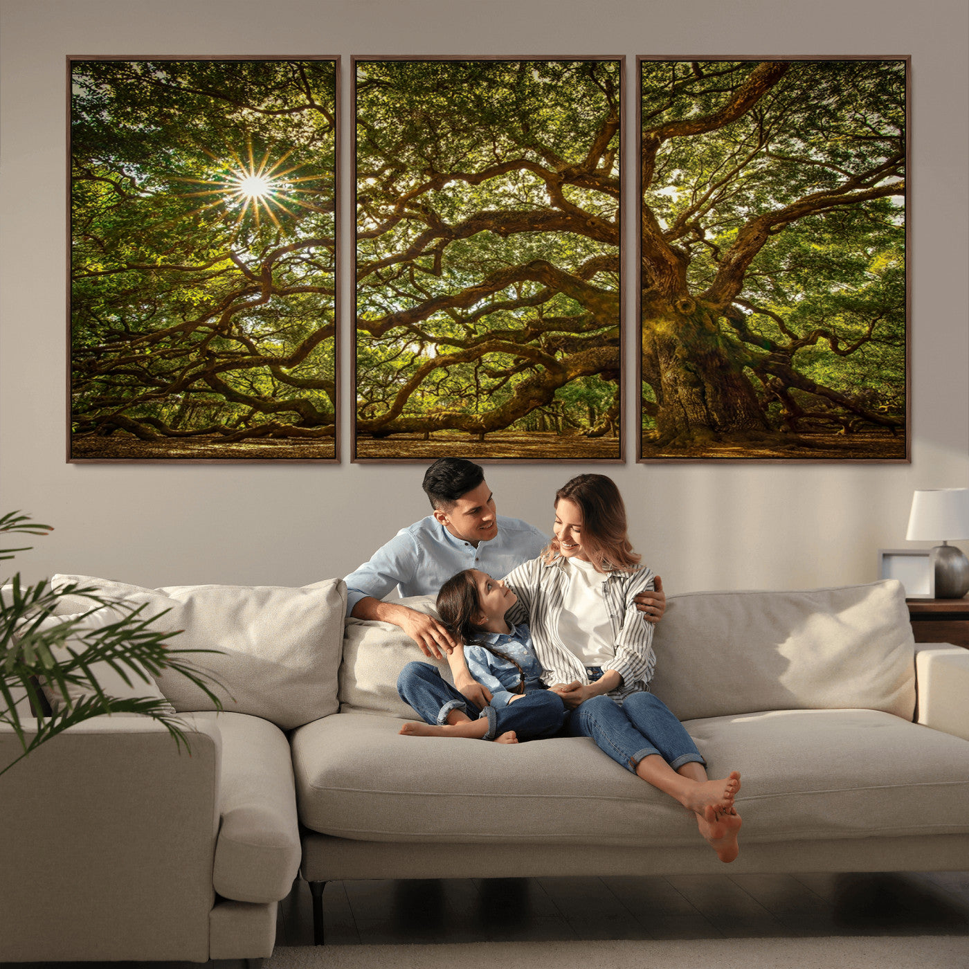 57983-MGV-FC-60X30-3P_Walnut-Angel Oak Tree Wall Art Canvas Print, Framed Oak Tree Art Picture Print, Angel Oak Perfect Rustic Nature Decor Artwork