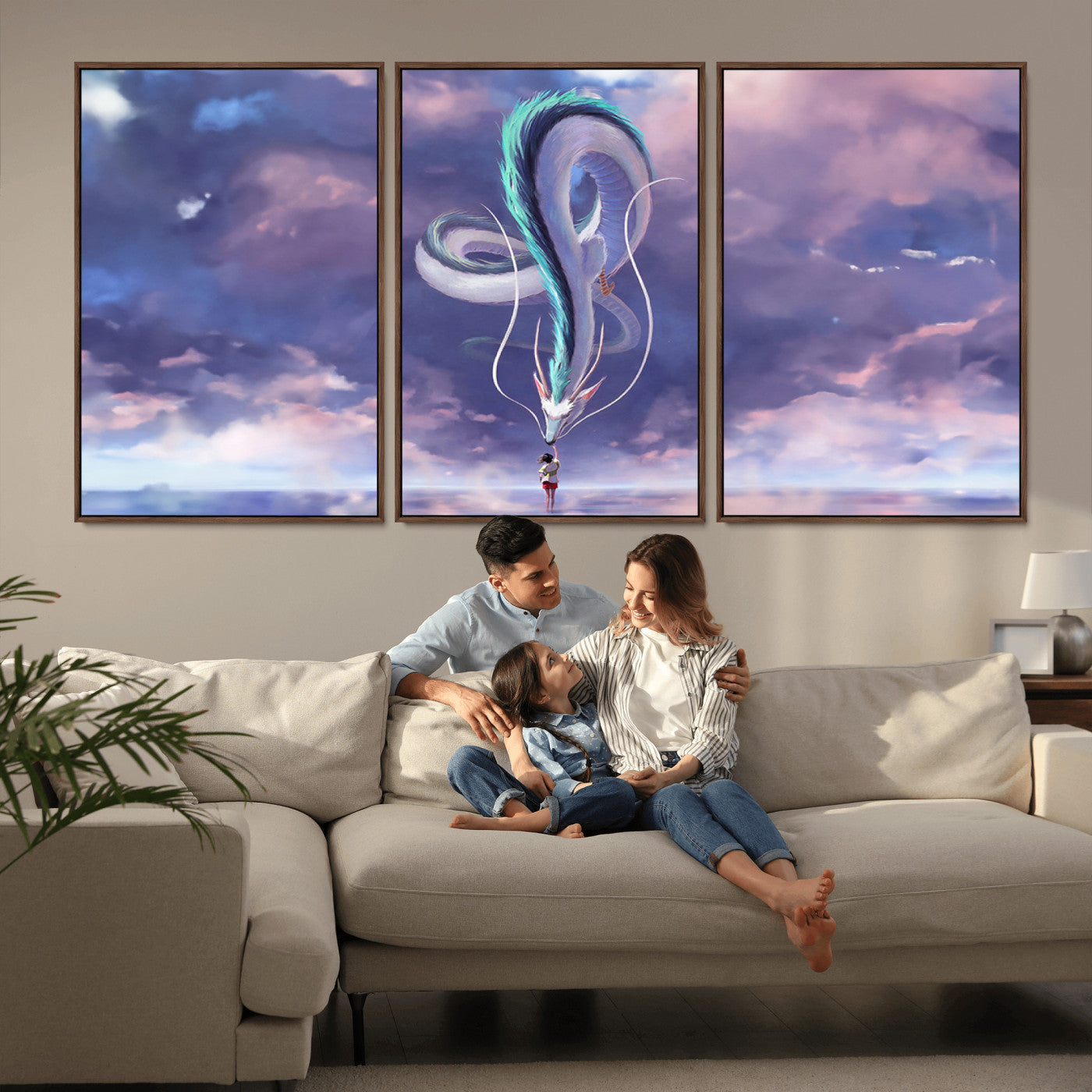 66864-MGV-FC-60X30-3P_Walnut-Fantasy Dragon Wall Art – Mystical Canvas Print Girl and Sky Serpent Dreamlike Clouds, Magical Anime Inspired Decor for Living