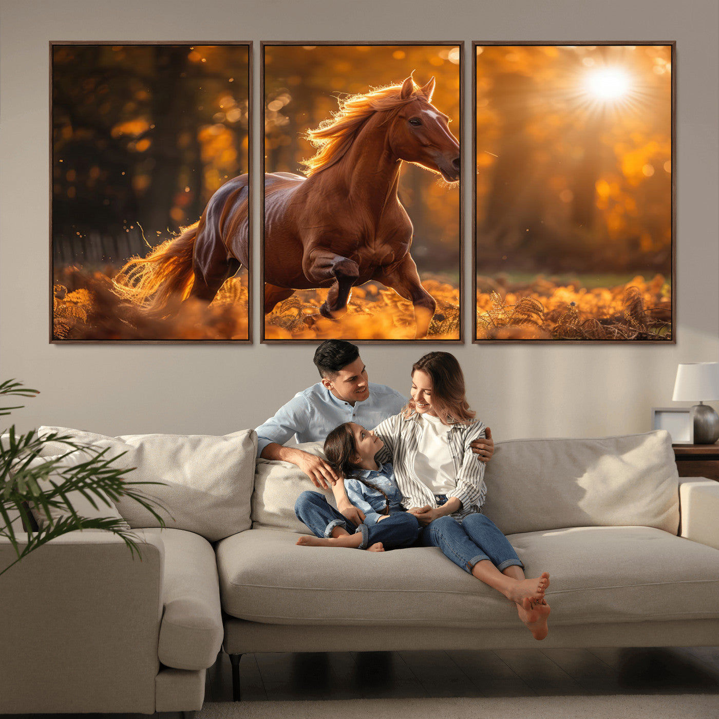 92144-MGV-FC-60X30-3P_Walnut-Sunset Horse Wall Art Canvas Print, Framed Horse Barn Art Picture Print, Majestic Horse Perfect Rustic Farmhouse Decor Artwork