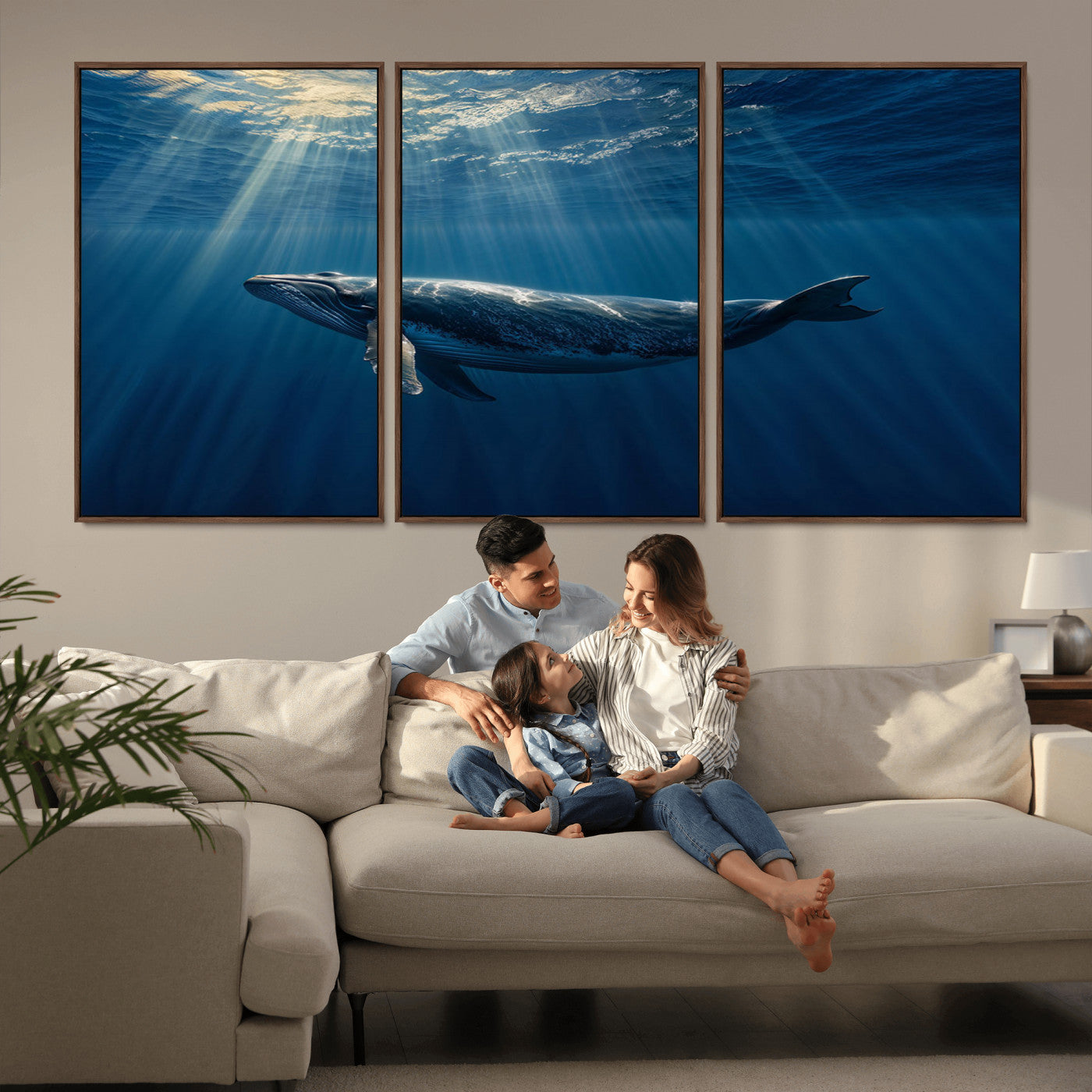 18052-MGV-FC-60X30-3P_Walnut-Whale Wall Art – Majestic Ocean Canvas Print Marine Life Underwater Sunlight Scene, Nautical Coastal Decor for Living Room,