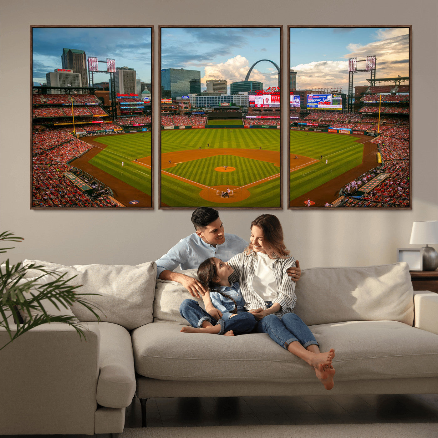 91908-MGV-FC-60X30-3P_Walnut-Baseball Stadium Wall Art – Canvas Print Game Day Field City Skyline Iconic Arch Scene Sports Photography, Decor for Game Room,