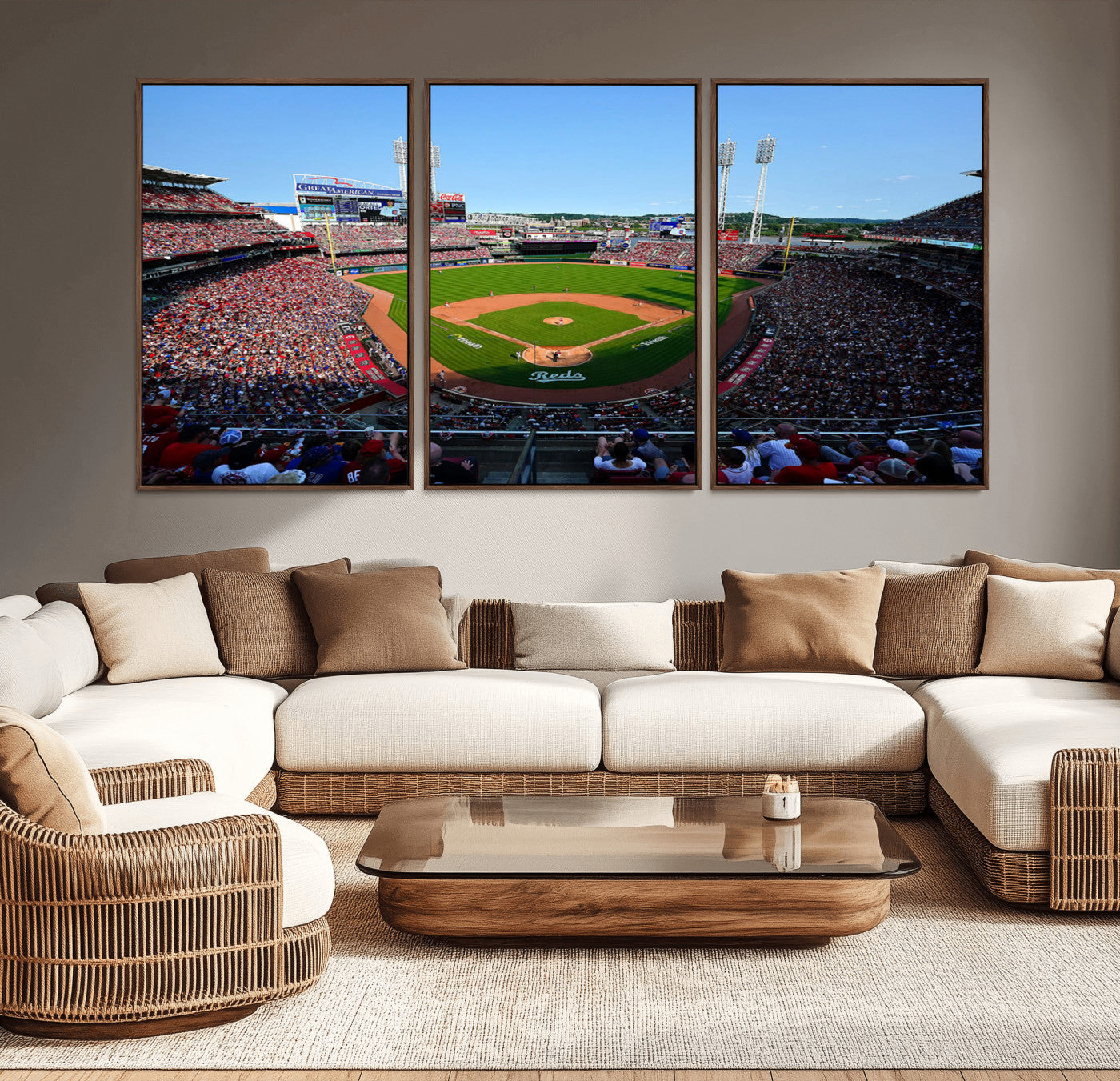 90998-MGV-CV-36X24-Baseball Stadium Wall Art – Canvas Print Day Game Field Packed Crowd Bright Blue Sky Sports Photography, Classic Decor for Game
