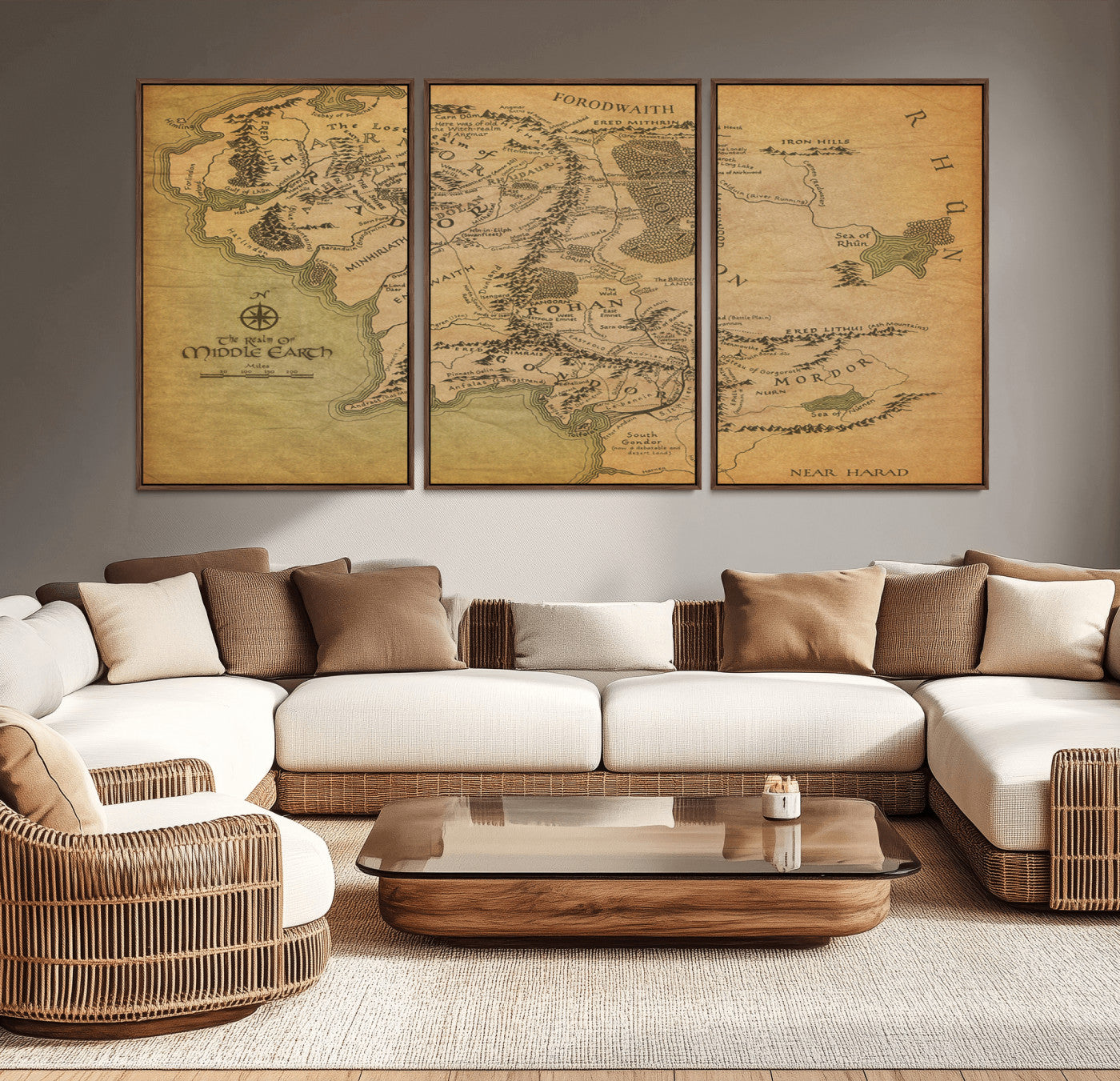 41064-MGV-CV-36X24-Middle Earth Map Wall Art – Vintage Fantasy Map Poster of Lord of the Rings & Hobbit Realms, Antique Parchment Style Canvas for