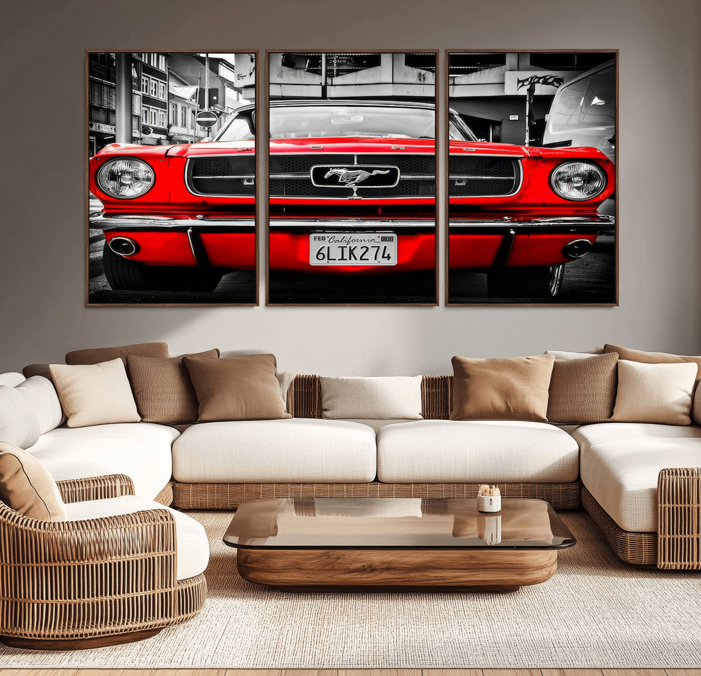 20365-MGV-CV-36X24-Red Classic Ford Mustang Wall Art – Vintage Muscle Car Print with Selective Color, Retro Automotive Decor for Garage, Man Cave,