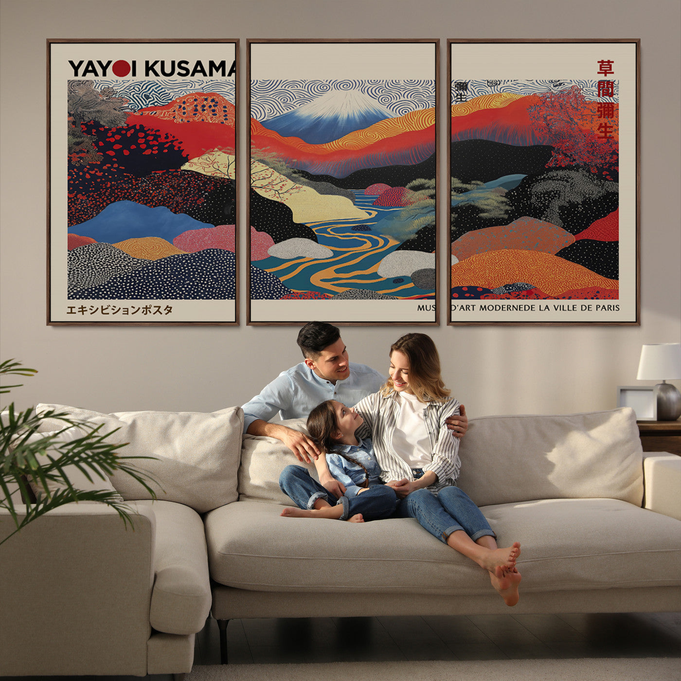 49228-MGV-FC-93X47-3P_Black-Kusama Wall Art – Vibrant Japanese Landscape Canvas Print, Modern Abstract Mountain and River Decor for Living Room, Office or Art