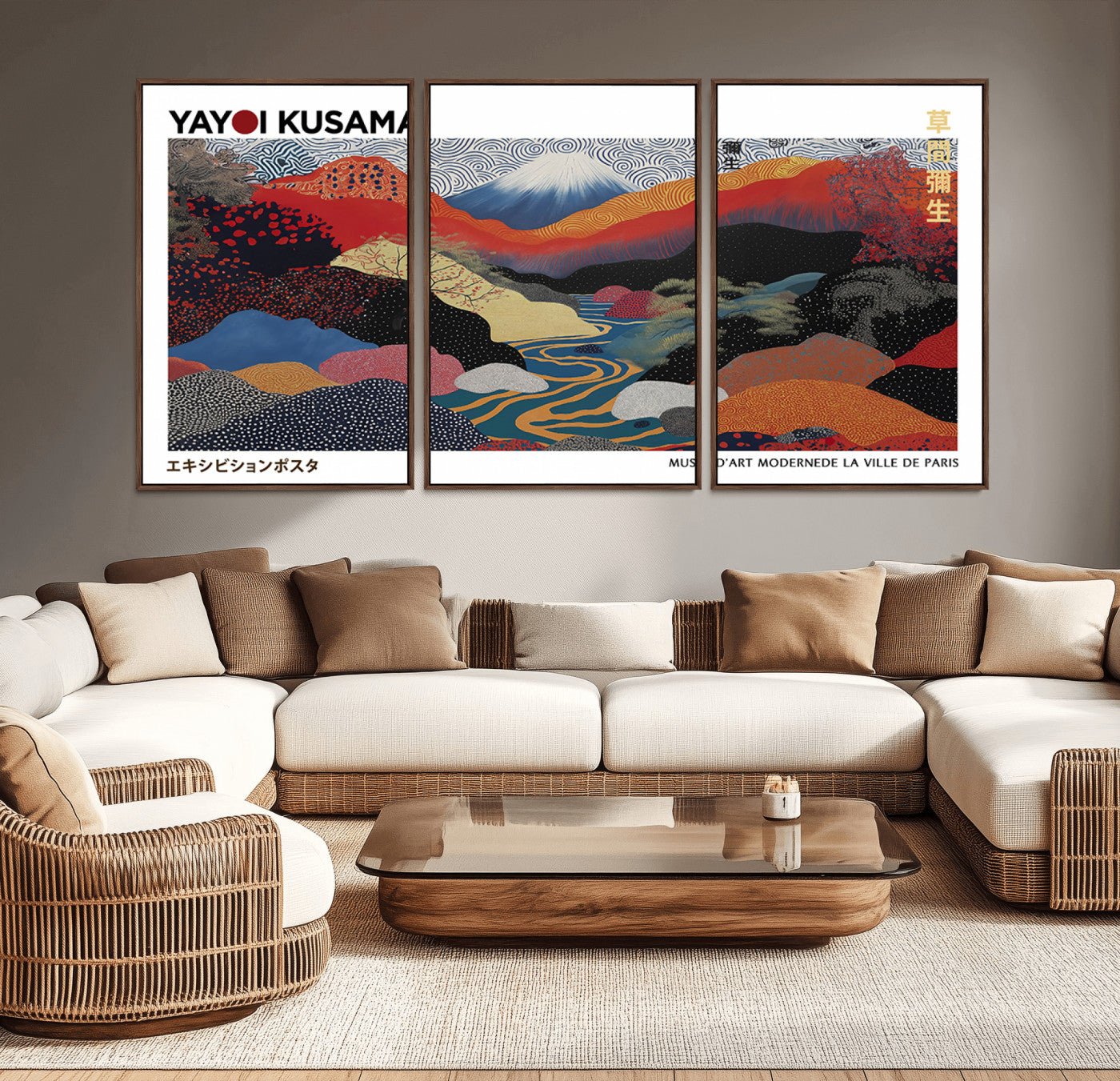 77560-MGV-CV-36X24-Kusama Wall Art – Abstract Japanese Mountain Landscape Canvas Print, Bold Modern Poster with Vibrant Colors for Living Room,