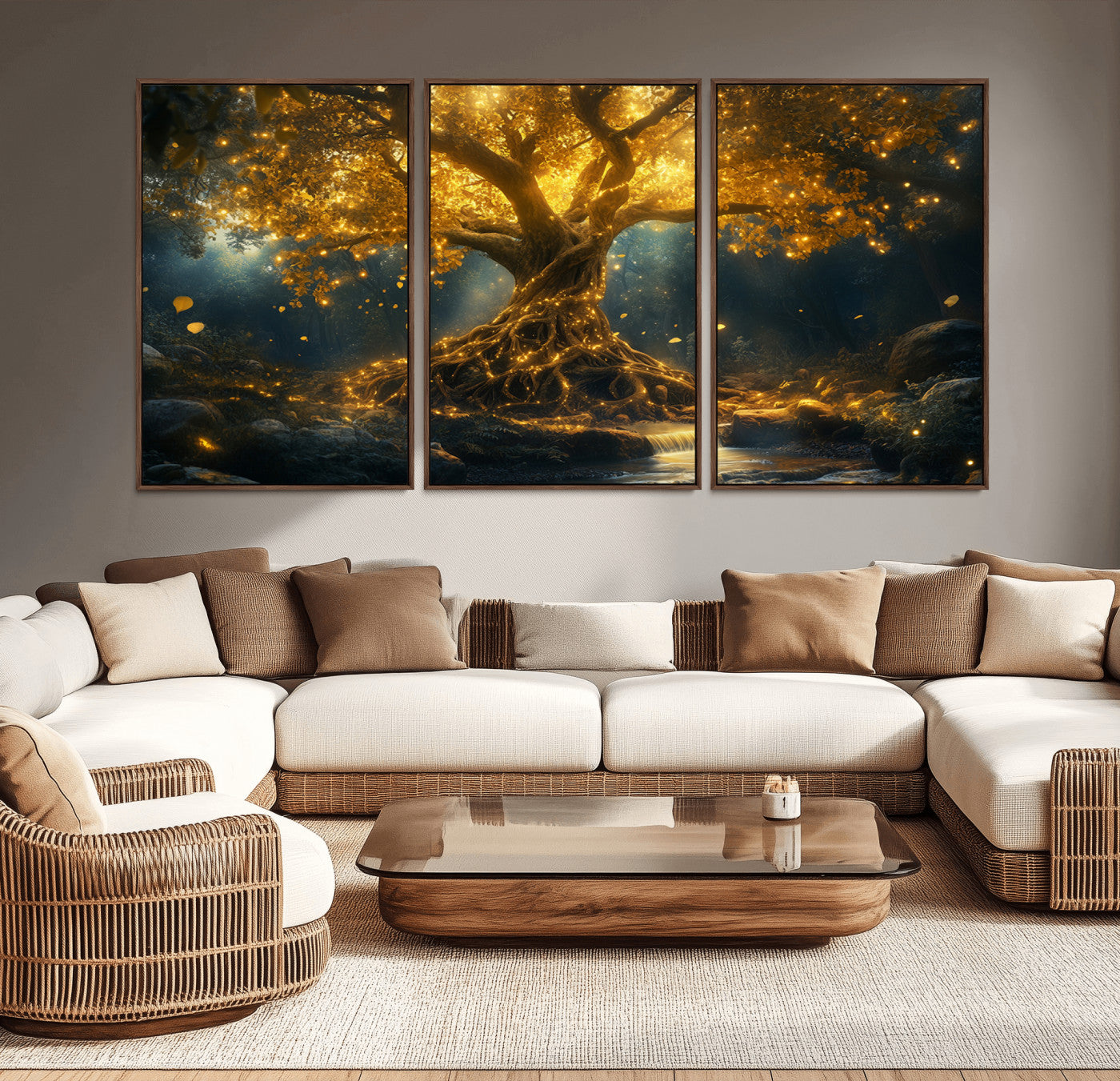92739-MGV-CV-36X24-Glowing Tree Wall Art – Enchanted Golden Forest Canvas Print, Mystical Illuminated Nature Painting Poster for Living Room,