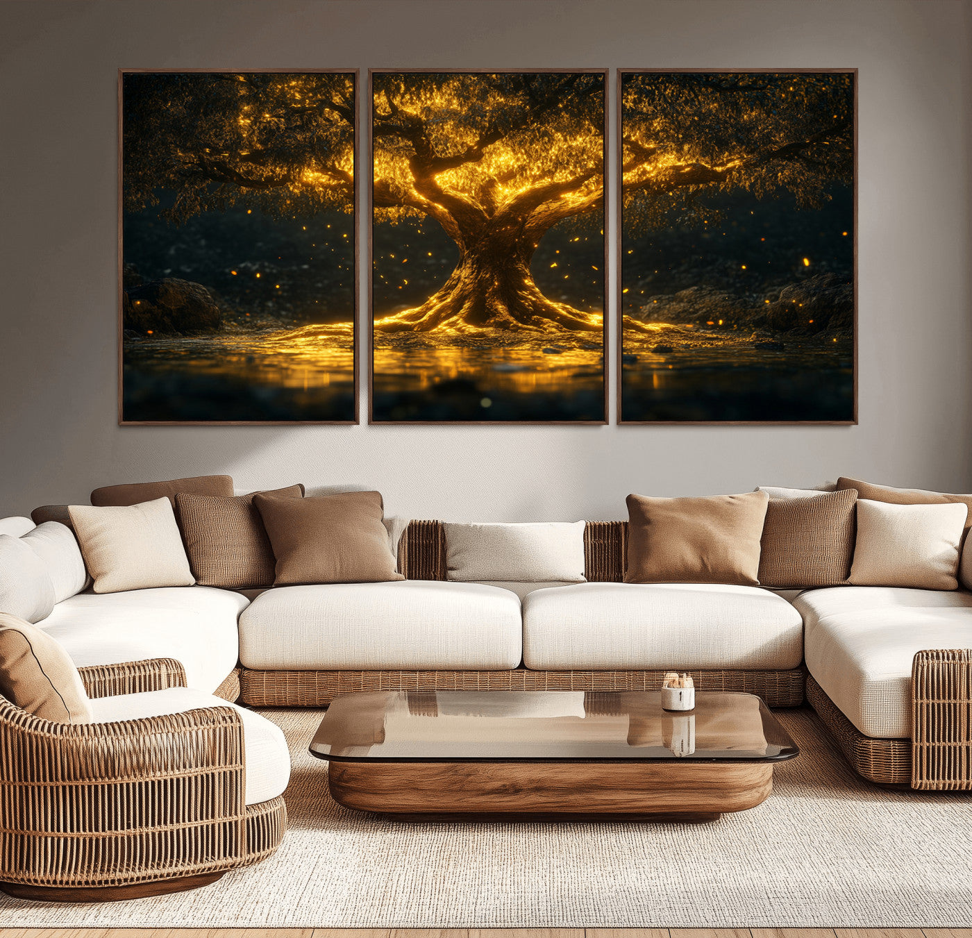 59580-MGV-CV-36X24-Glowing Tree Wall Art – Golden Fantasy Nature Canvas Print, Mystical Illuminated Tree Painting Poster for Living Room, Bedroom,