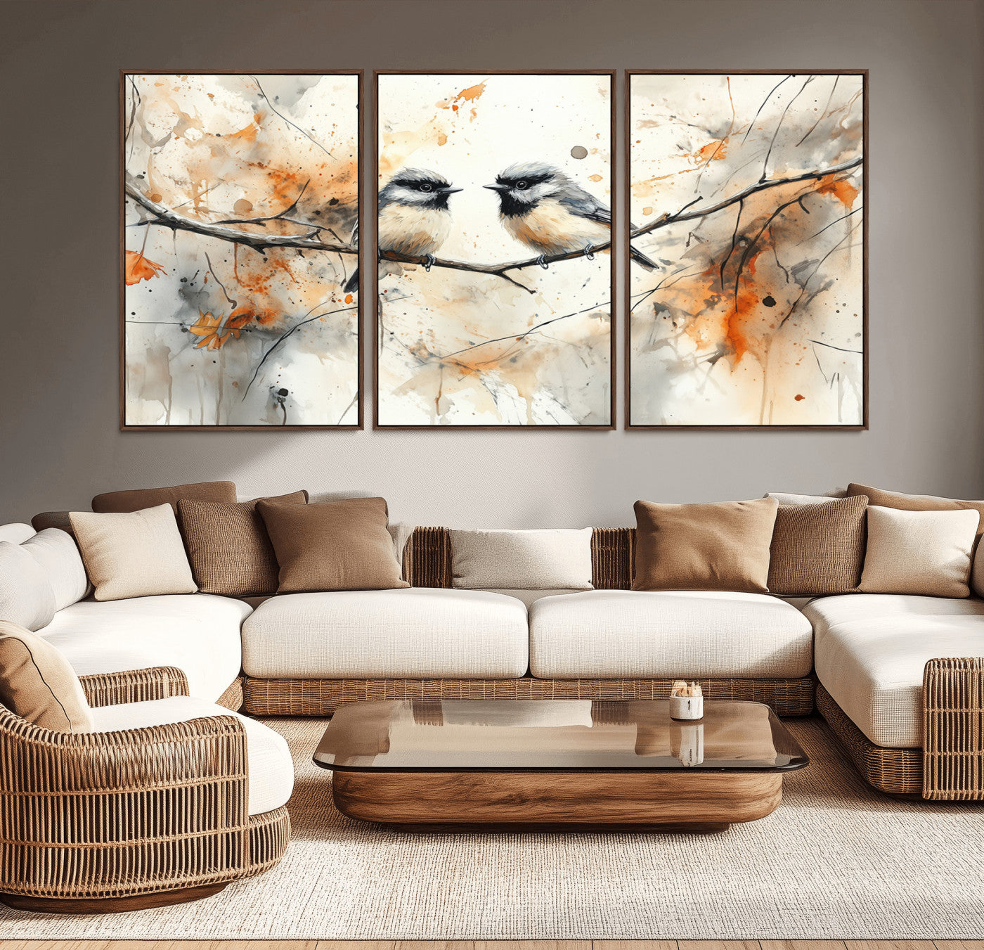 98244-MGV-CV-36X24-Bird Wall Art – Watercolor Songbirds on Branch Canvas Print, Nature Painting Poster with Autumn Leaves for Living Room, Bedroom,