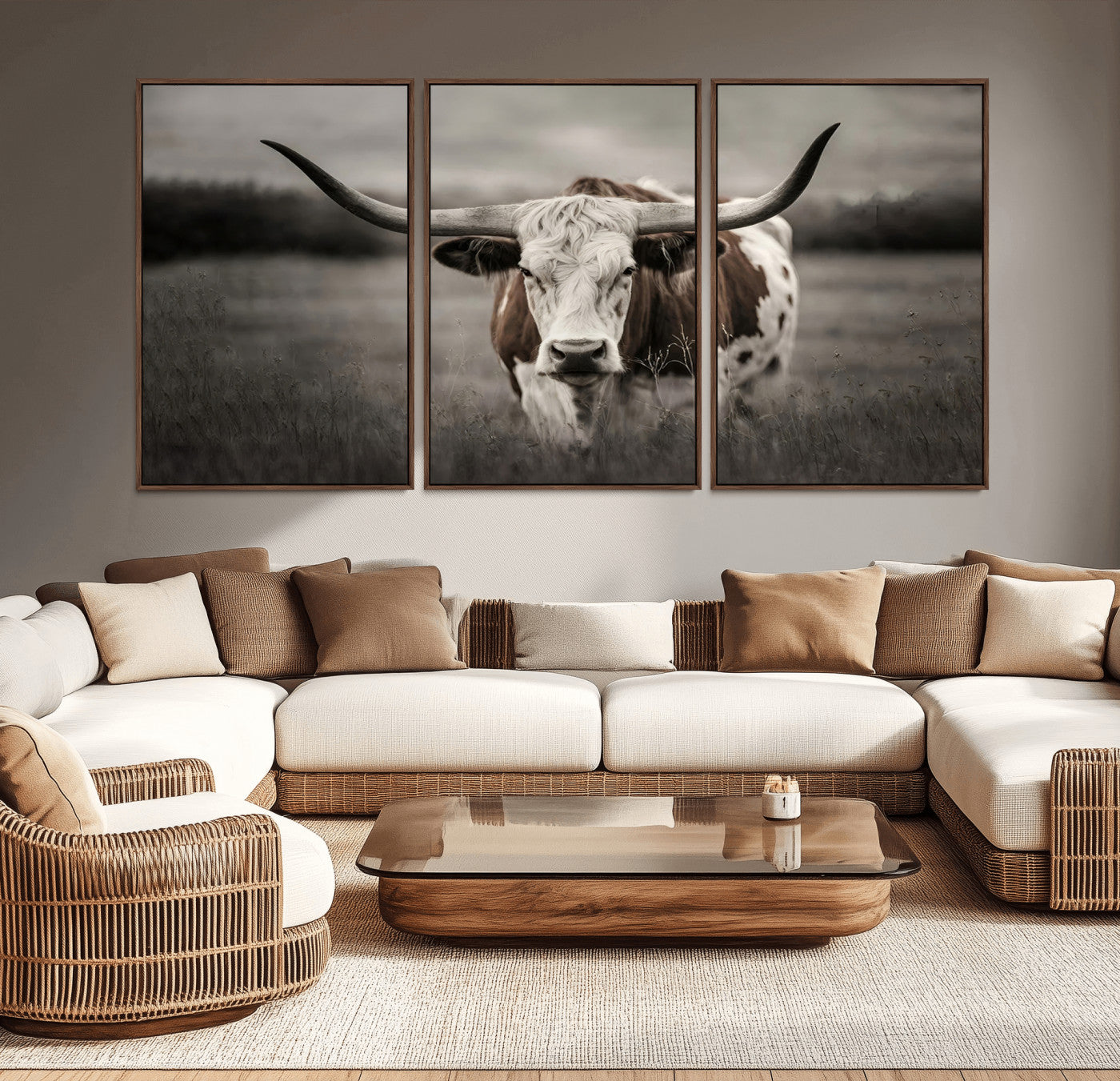 69238-MGV-CV-36X24-Longhorn Bull Wall Art – Rustic Black and White Texas Cattle Canvas Print, Western Farmhouse Animal Photography for Living Room,
