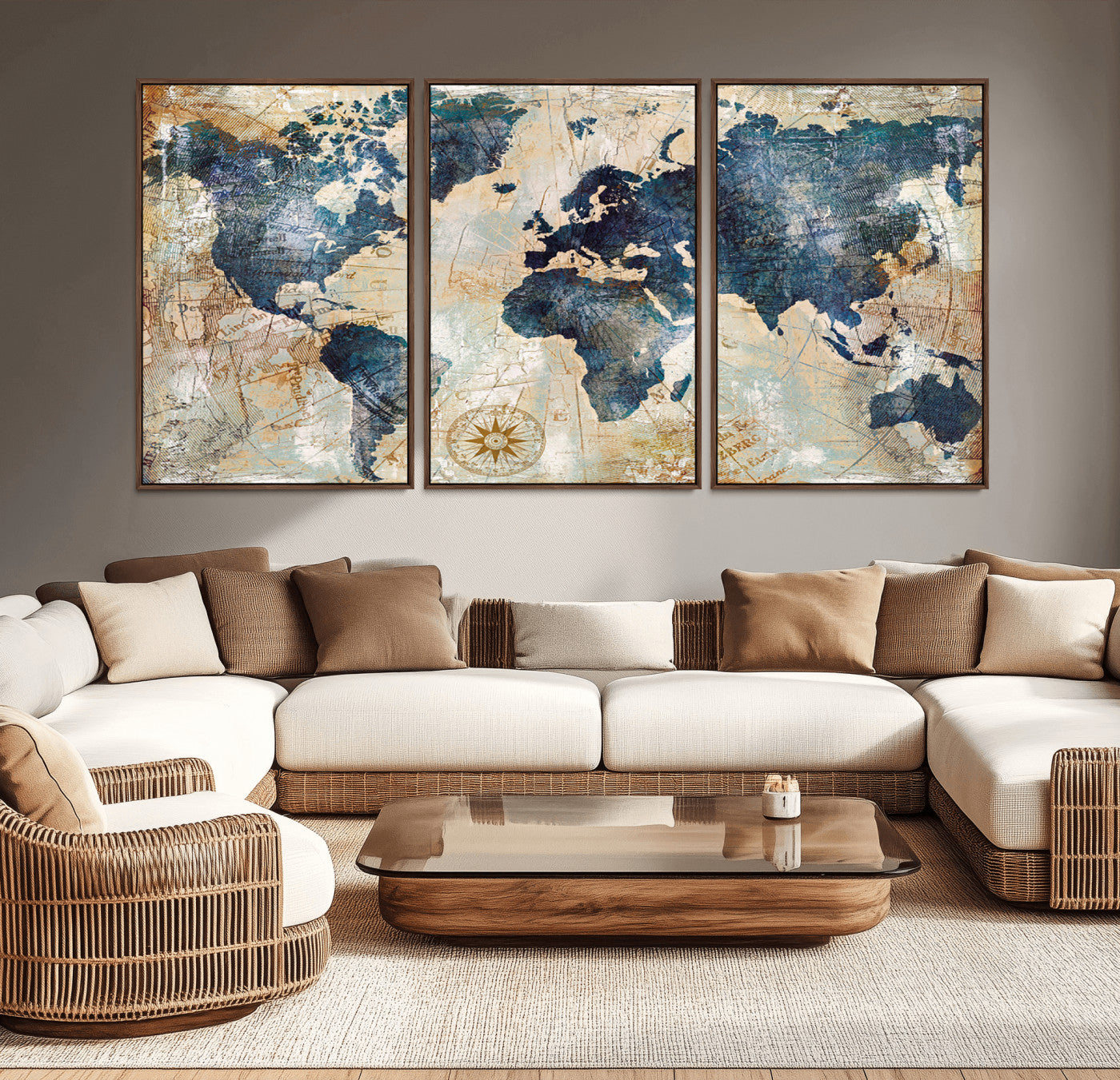 84561-MGV-CV-36X24-World Map Wall Art – Vintage Antique Style Canvas Print, Rustic Blue and Tan Map Painting Poster for Living Room, Bedroom, Office