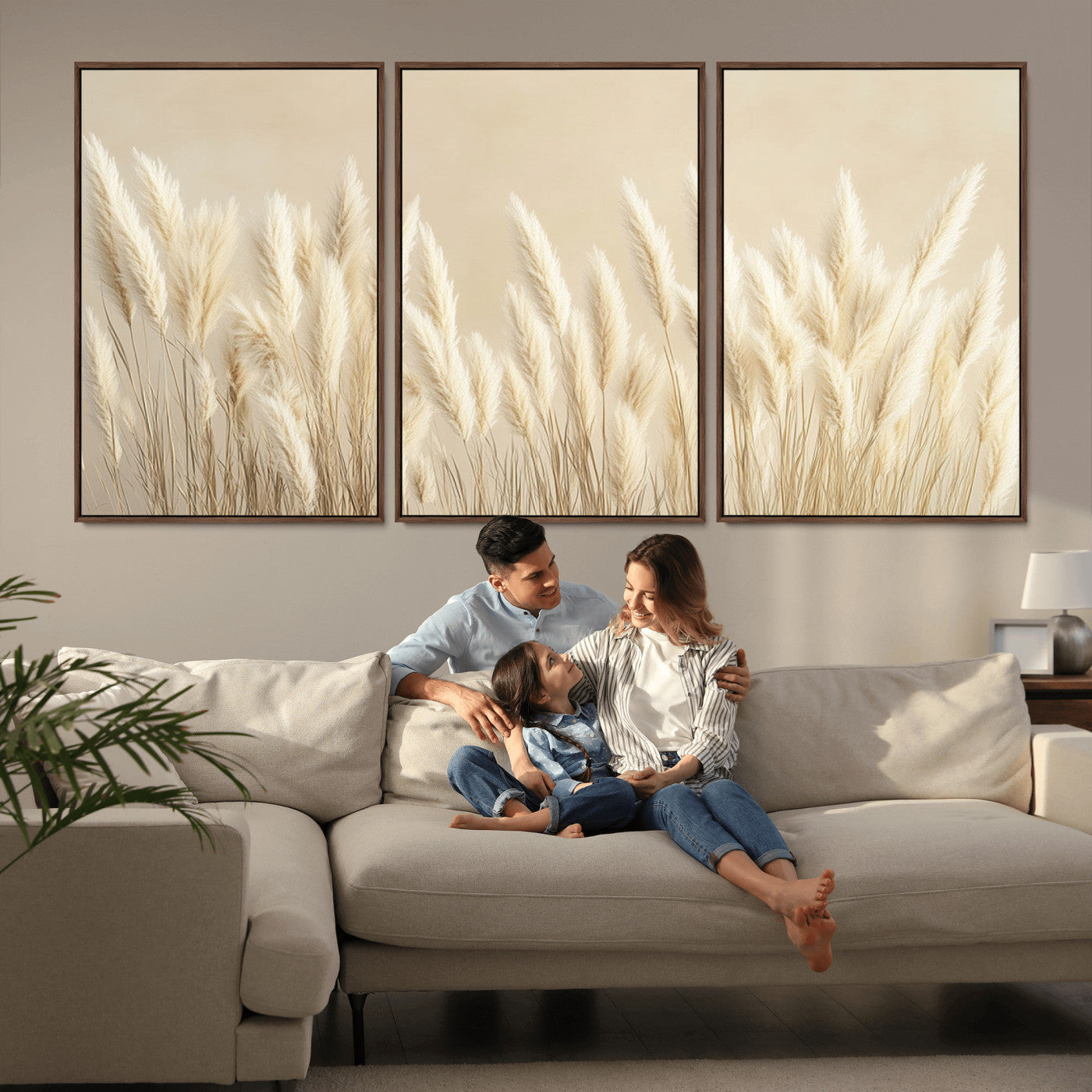 81444-MGV-FC-60X30-3P_Walnut-Pampas Grass Wall Art Canvas Print, Framed Beige Pampas Grass Art Picture Print, Minimalist Beige Perfect Minimalist Nature Decor