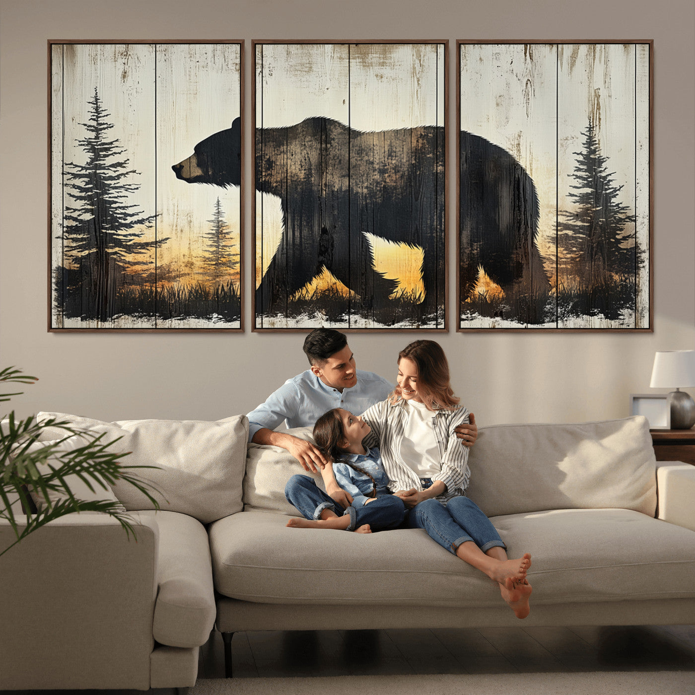 83875-MGV-FC-60X30-3P_Walnut-Sunset Bear Wall Art – Rustic Wildlife Canvas Print with Forest Silhouette, Cabin Lodge Decor for Living Room or Office