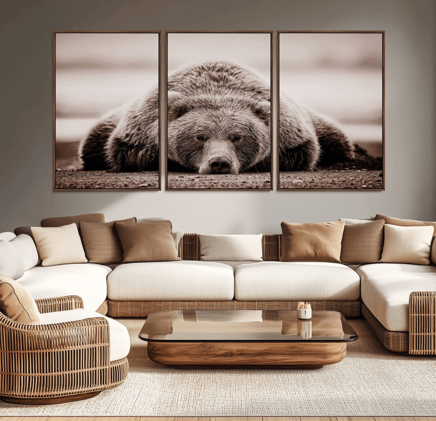 20611-MGV-CV-36X24-Grizzly Bear Wall Art – Majestic Wildlife Sepia Canvas Print, Rustic Nature Animal Artwork for Cabin, Lodge, Living Room, Bedroom,