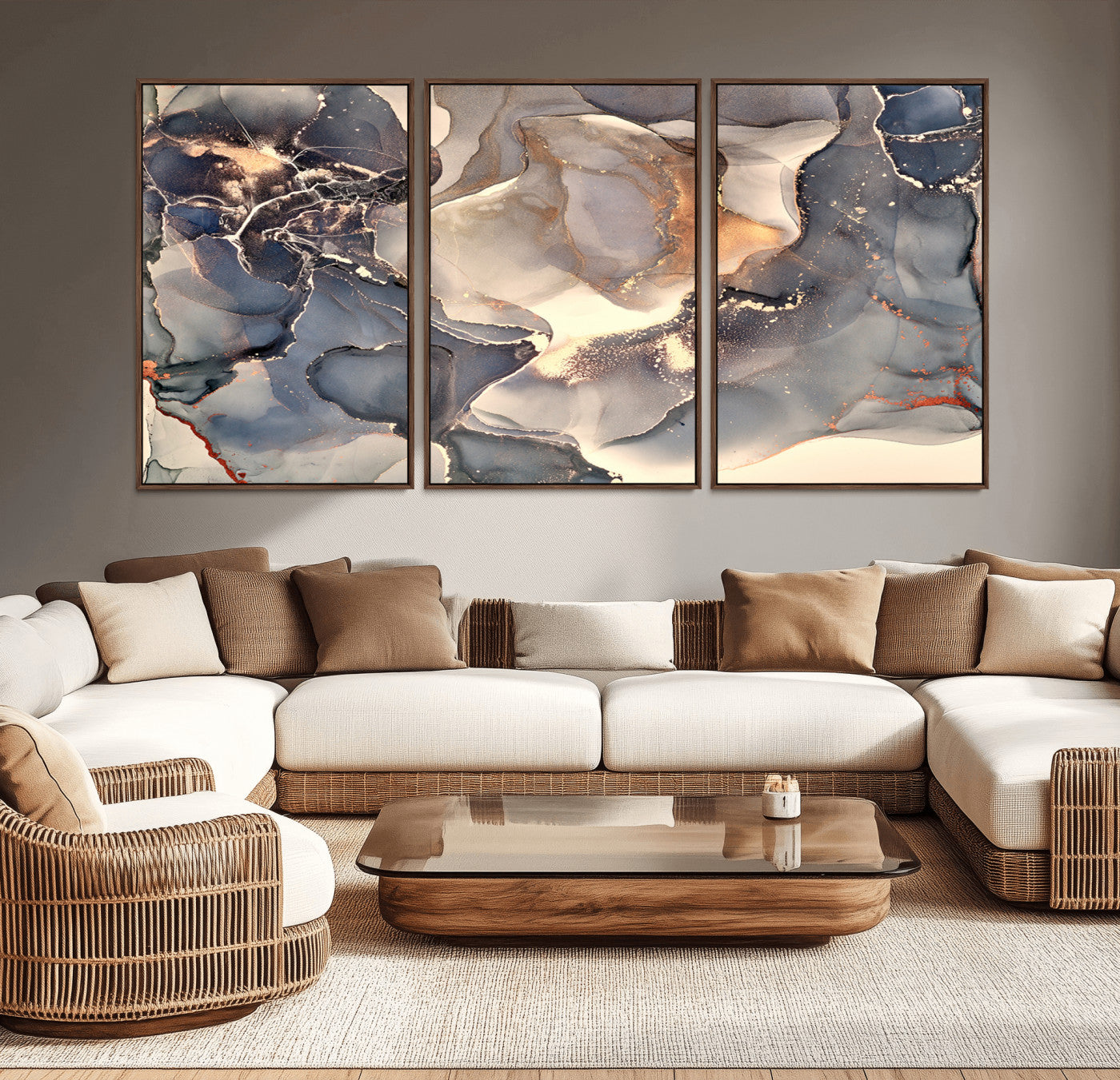 18202-MGV-CV-36X24-Abstract Neutral Wall Art – Blue, Beige and Gold Fluid Ink Canvas Print, Modern Minimalist Painting for Living Room, Office