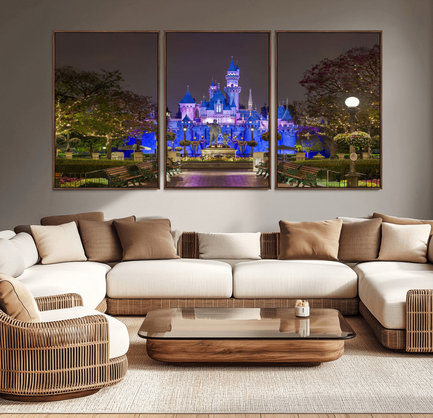 63560-MGV-CV-36X24-Fairy Tale Castle Wall Art – Magical Night Scene Canvas Print with Lights and Gardens, Fantasy Architecture Artwork for Living