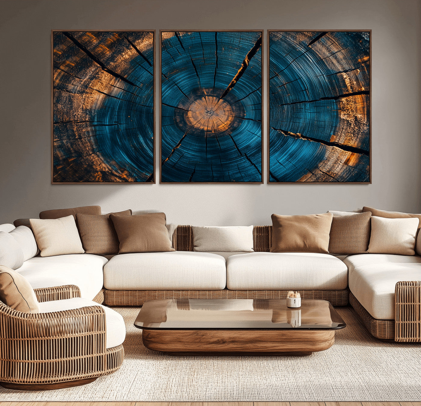13398-MGV-CV-36X24-Tree Ring Wall Art – Abstract Wood Grain Canvas Print with Blue and Orange Accents, Rustic Nature Inspired Artwork for Living