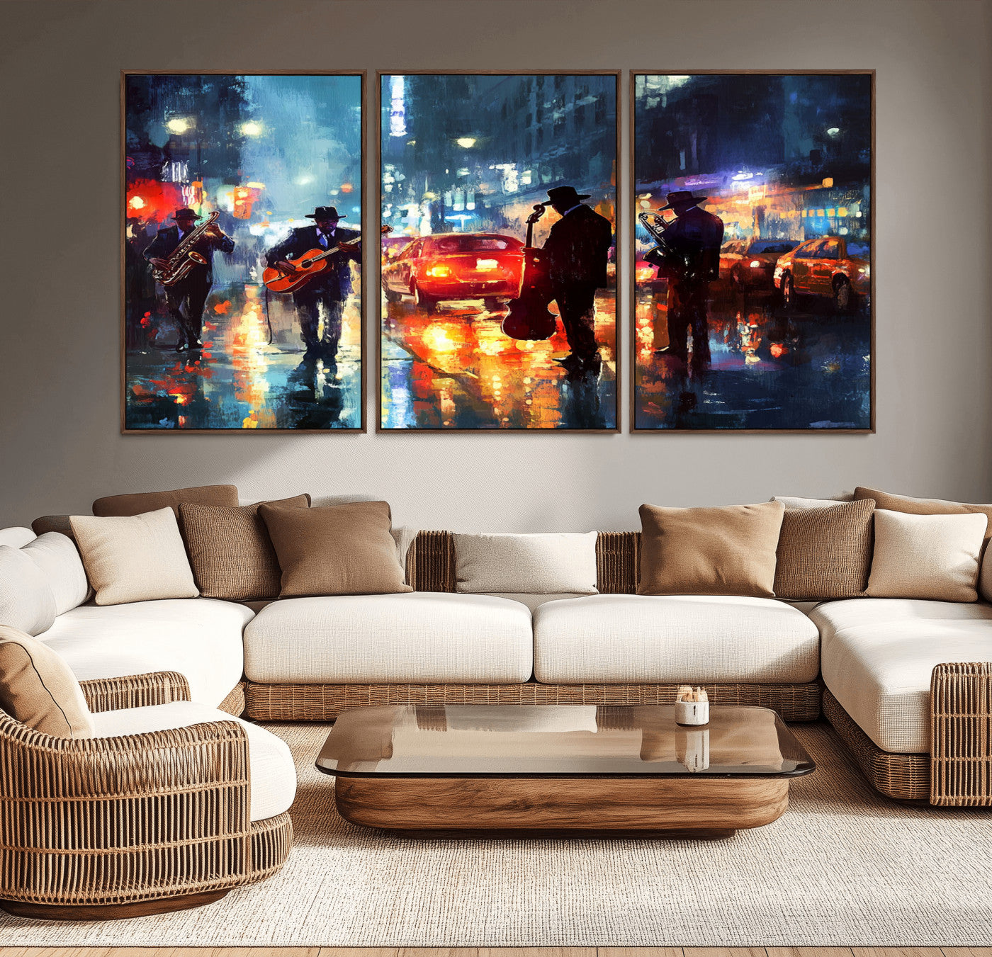 94605-MGV-CV-36X24-City Jazz Night Wall Art – Vibrant Music Canvas Print Featuring Saxophone, Guitar and Bass Players, Urban Street Scene Artwork for